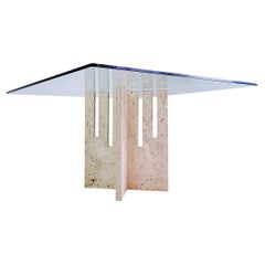 Large Square dining table in travertine and glass - Italy 1970s