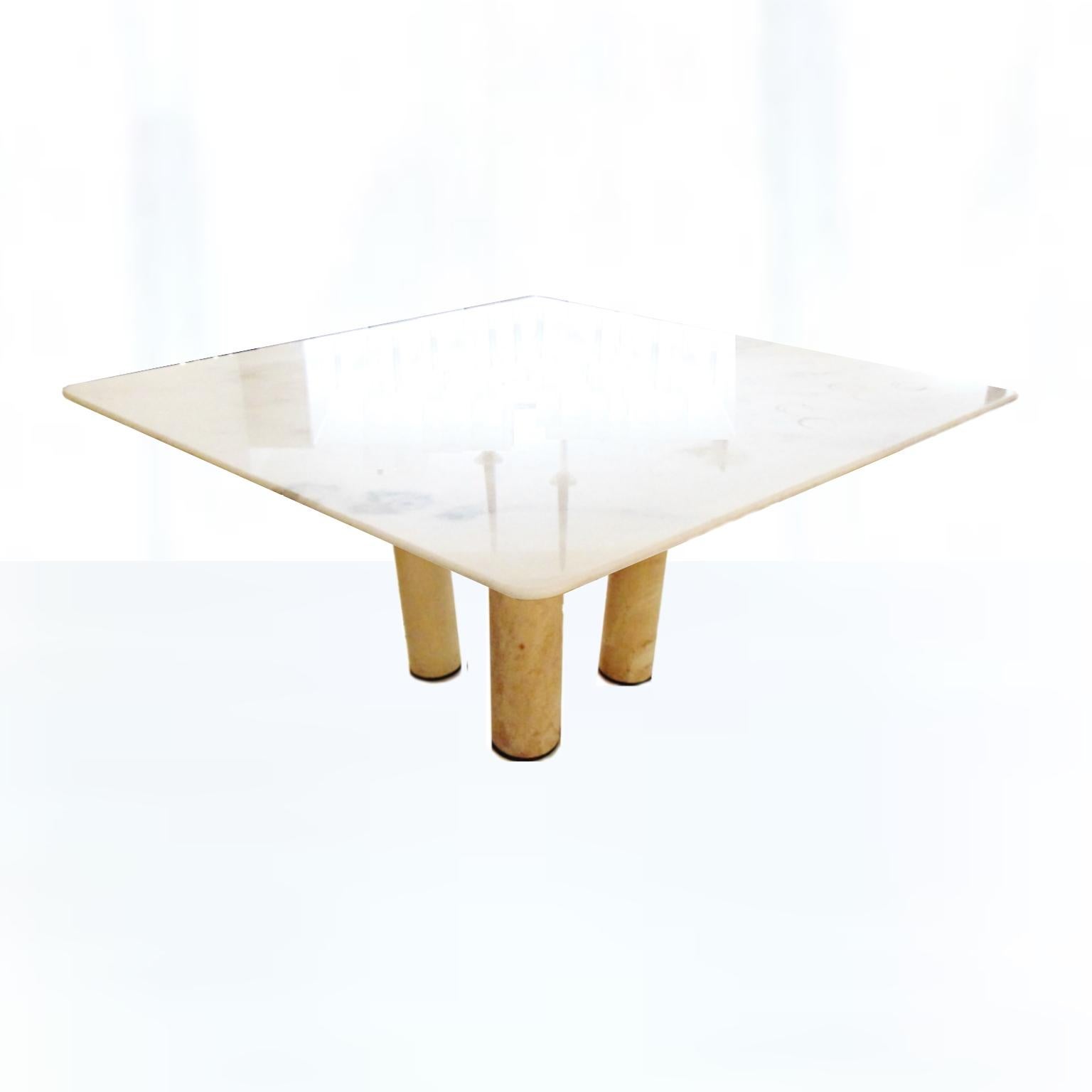 Italian Large Square Dining Table White Marble and Travertine, Sormani, Italy, 1981