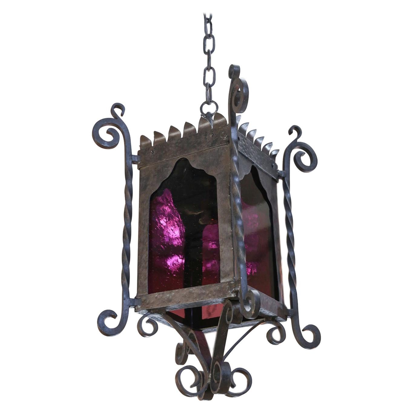 Large Spanish Colonial Square Forged and Hammered Iron and Art Glass Lantern