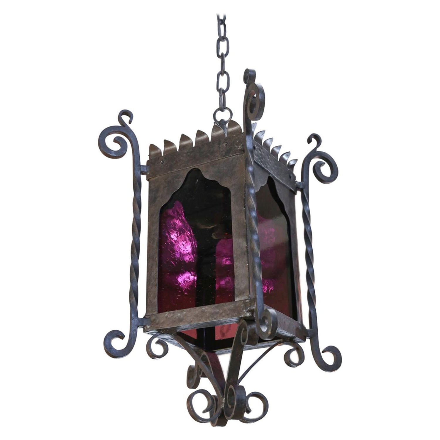 Large Spanish Colonial Square Forged and Hammered Iron and Art Glass Lantern  For Sale at 1stDibs