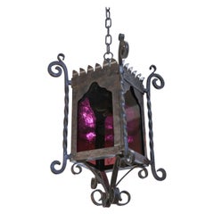 Large Spanish Colonial Square Forged and Hammered Iron and Art Glass Lantern