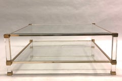 Large Square French Midcentury Double Tier Lucite & Brass Coffee Table by Vandel