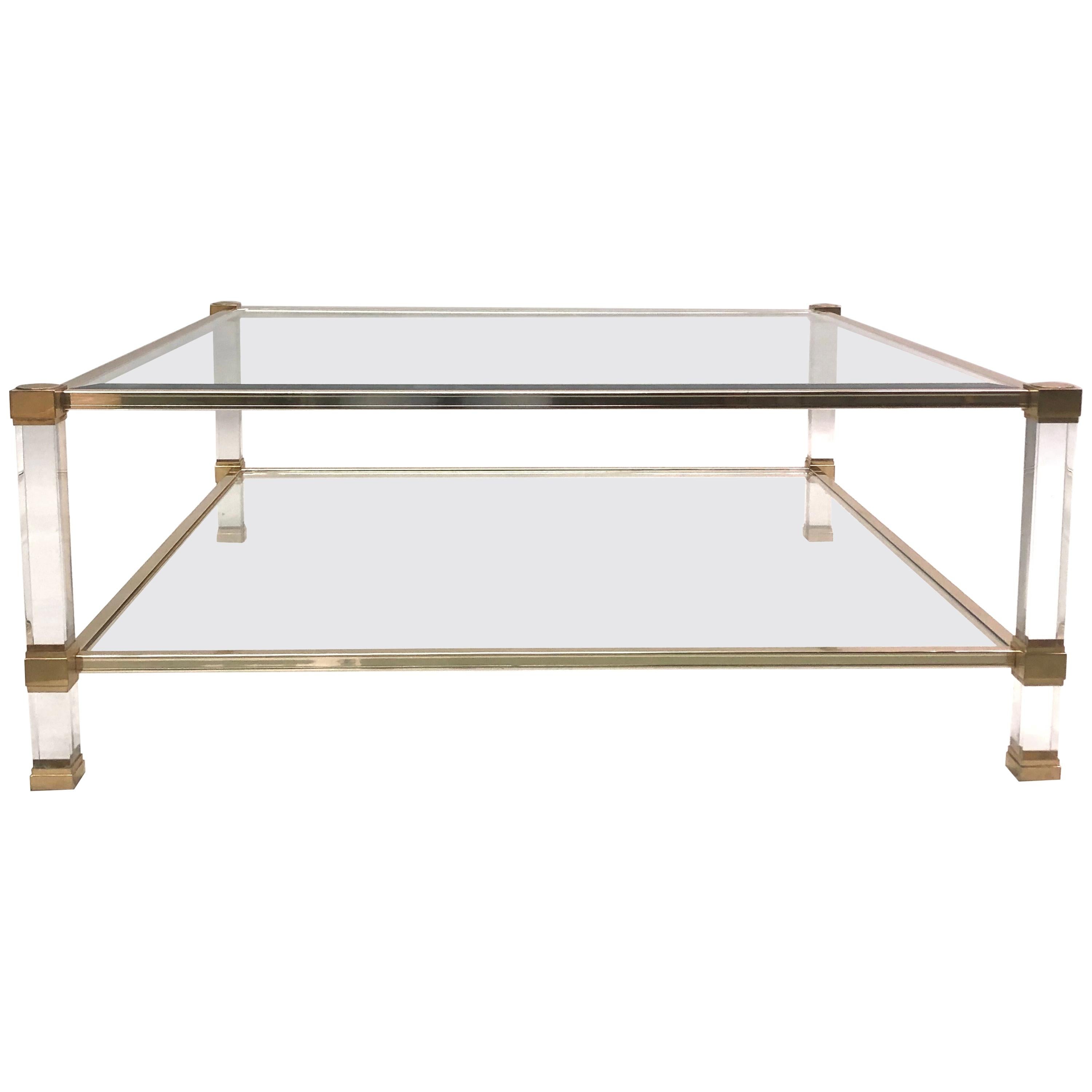 Large Square French Midcentury Double Tier Lucite and Brass Coffee Table, Vandel