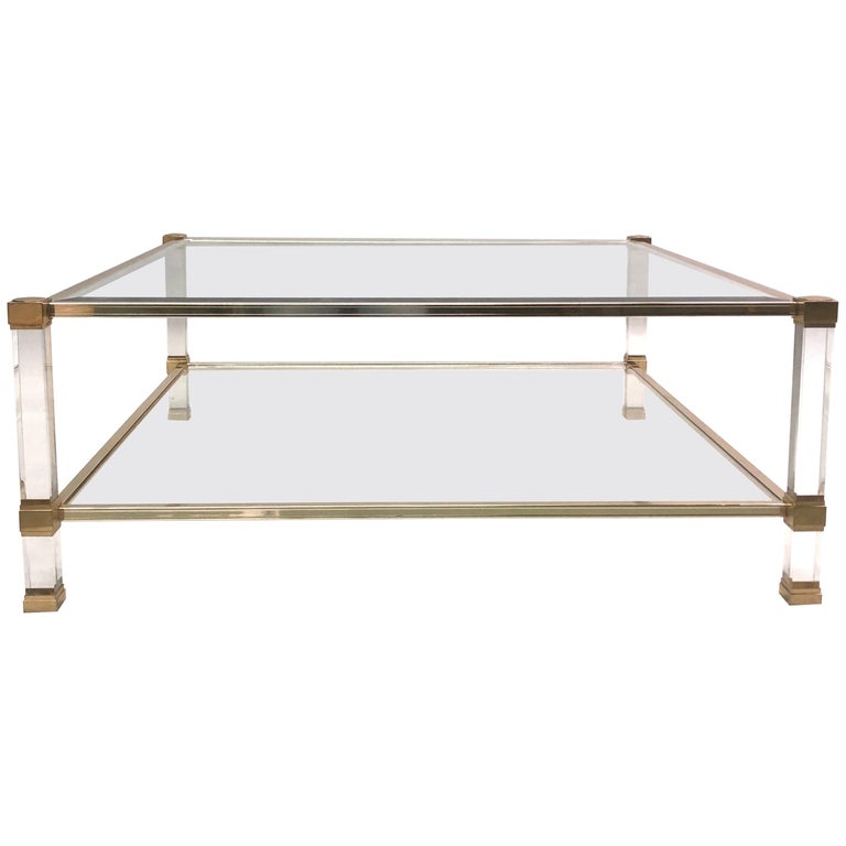 Large Square French Midcentury Double Tier Lucite And Brass Coffee Table Vandel For Sale At 1stdibs