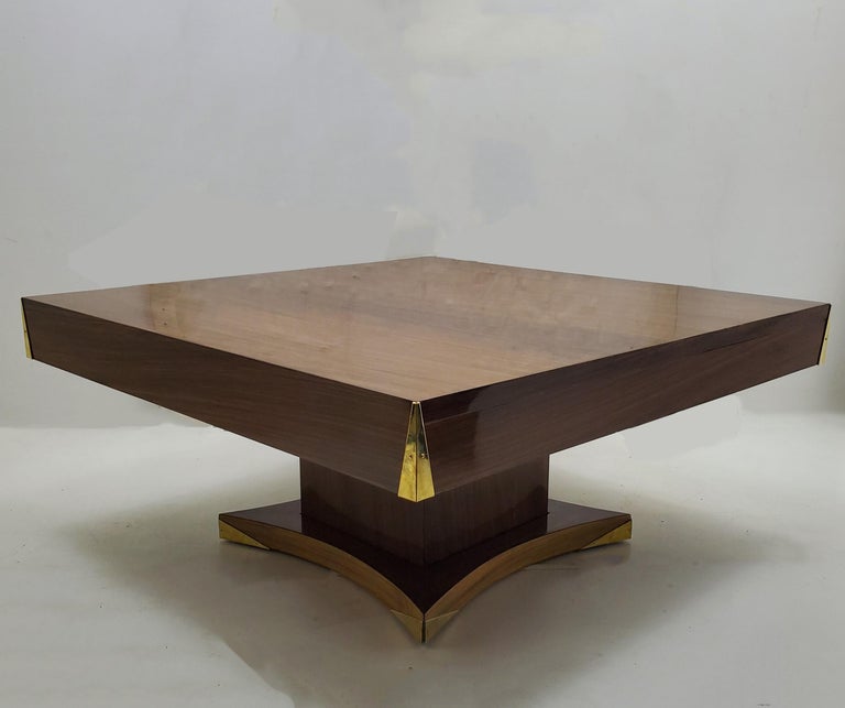 Large Square French Modernist Coffee Table in Palisander with Brass