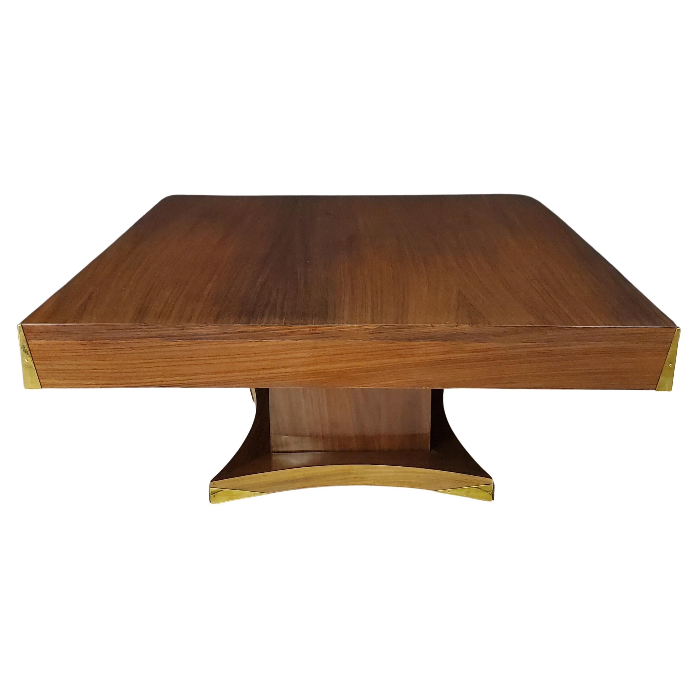 Large Square French Modernist Coffee Table in Palisander with Brass Corner Tips