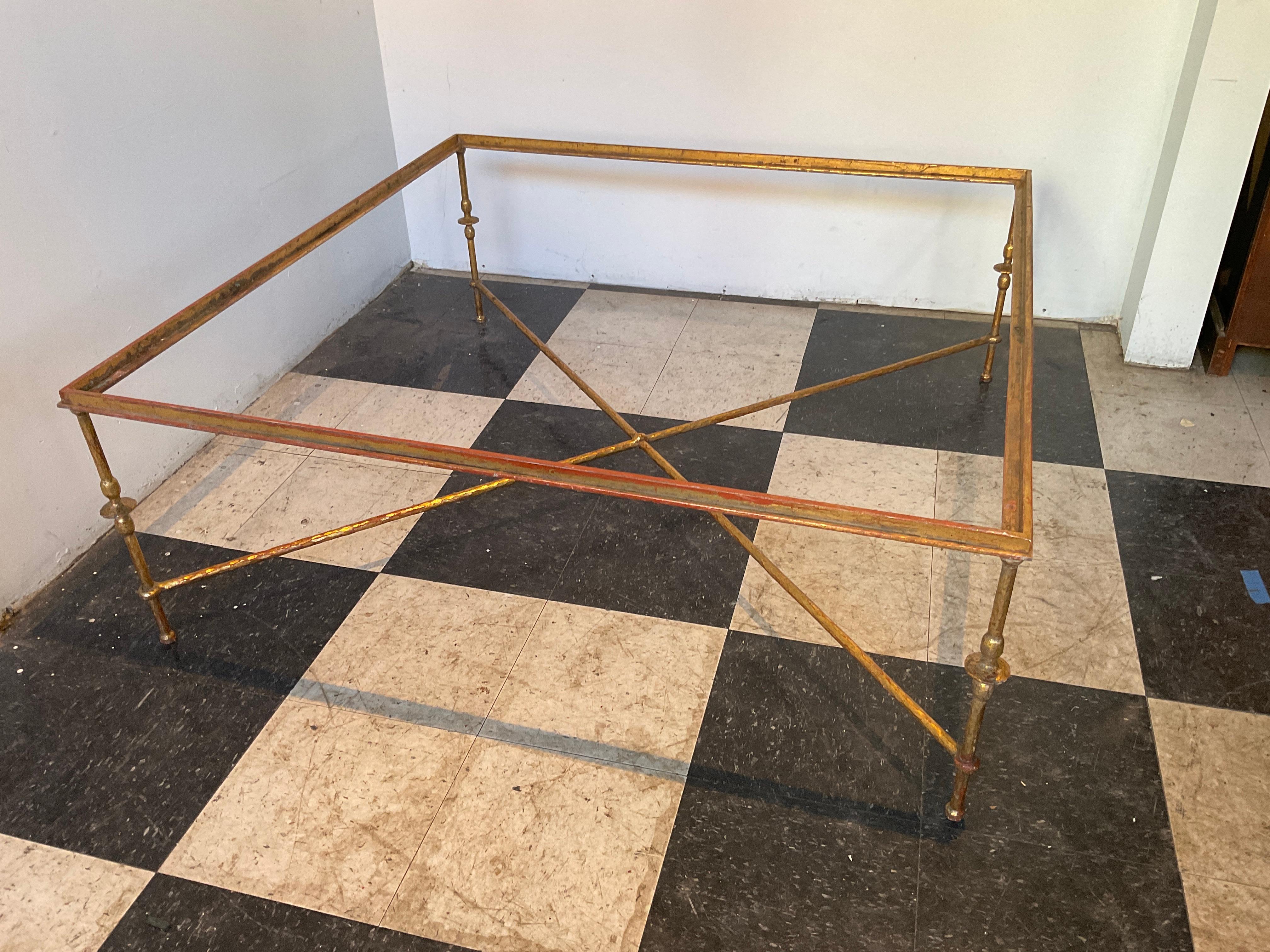 Large Square Giacometti Style Gilt Iron Coffee Table In Good Condition In Tarrytown, NY