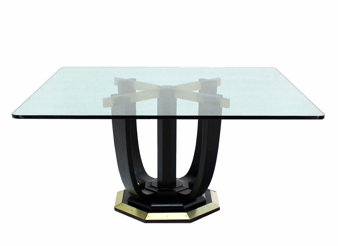 American Large Square Glass Top Black Lacquer Brass Base Dining Conference Table MINT For Sale