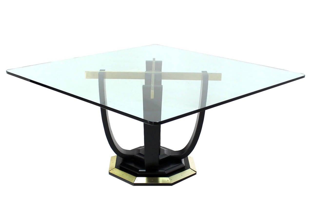 20th Century Large Square Glass Top Black Lacquer Brass Base Dining Conference Table MINT For Sale