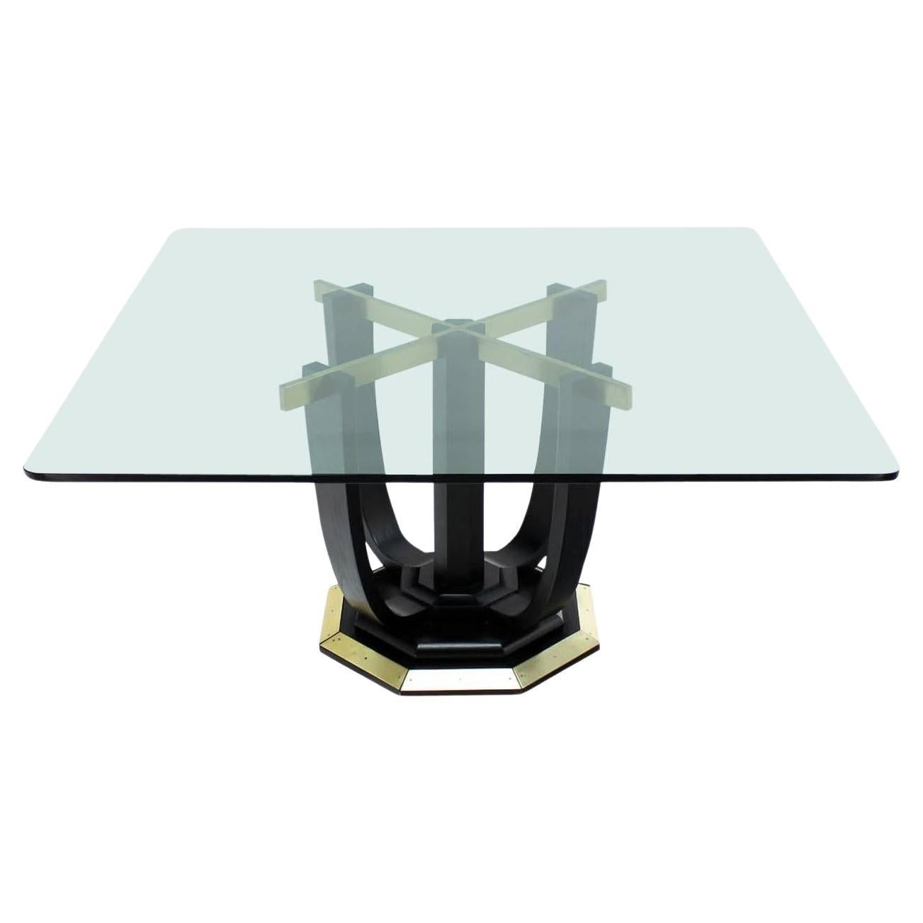 Large Square Glass Top Black Lacquer Brass Base Dining Conference Table MINT For Sale