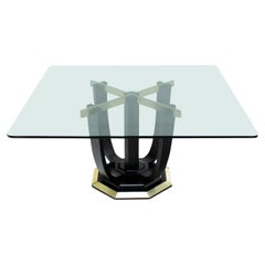 Large Square Glass Top Black Lacquer Brass Base Dining Conference Table MINT