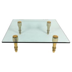  Large Square Hollywood Regency Style Glass Coffee Table with Brass Legs 
