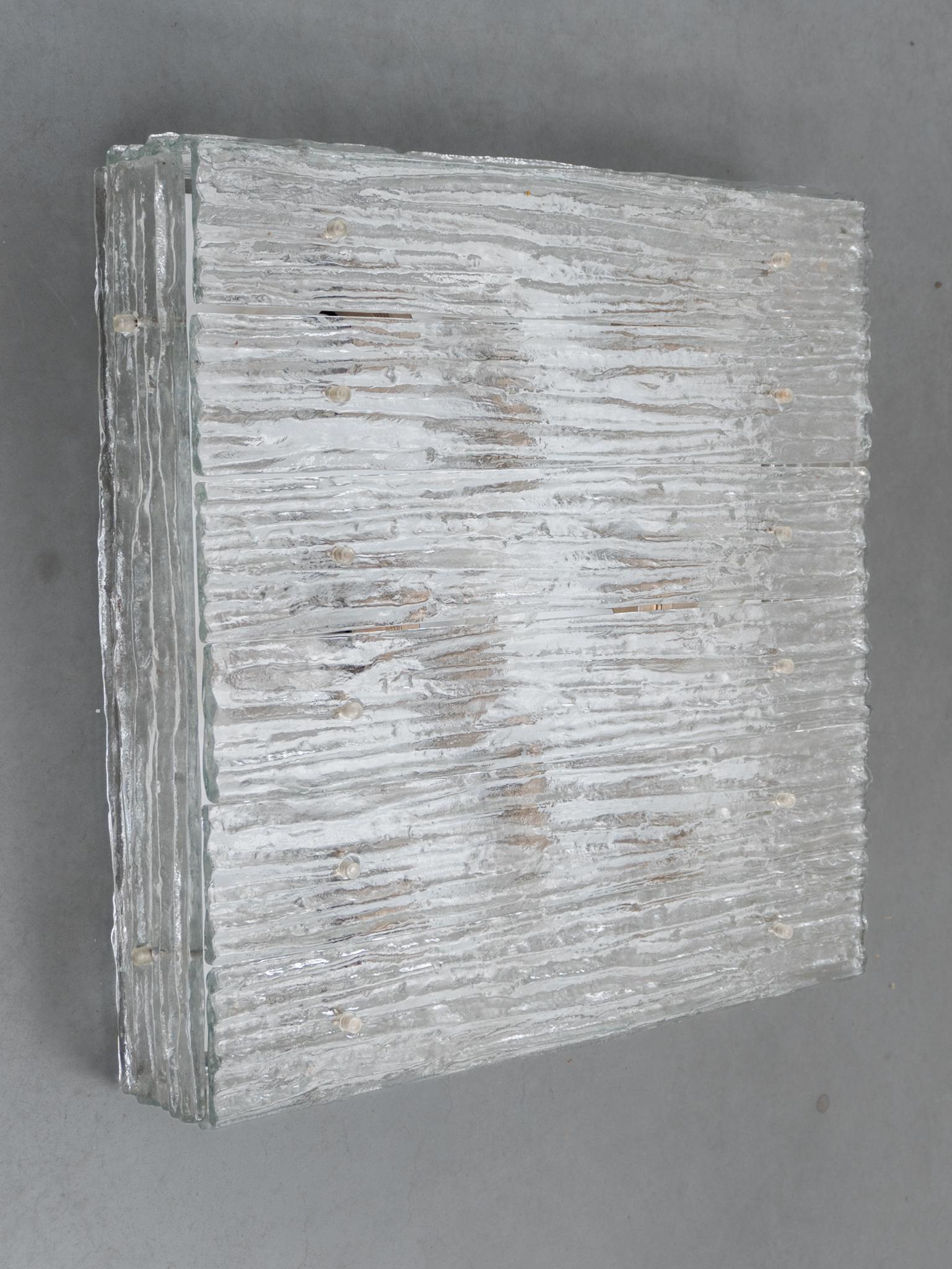 Austrian Large Square Iced Textured Glass Flush Mount, Wall Light by Kalmar, 1960s For Sale