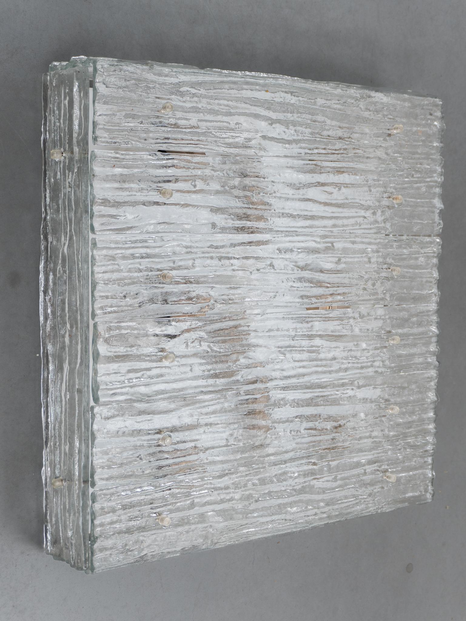 Hand-Crafted Large Square Iced Textured Glass Flush Mount, Wall Light by Kalmar, 1960s For Sale