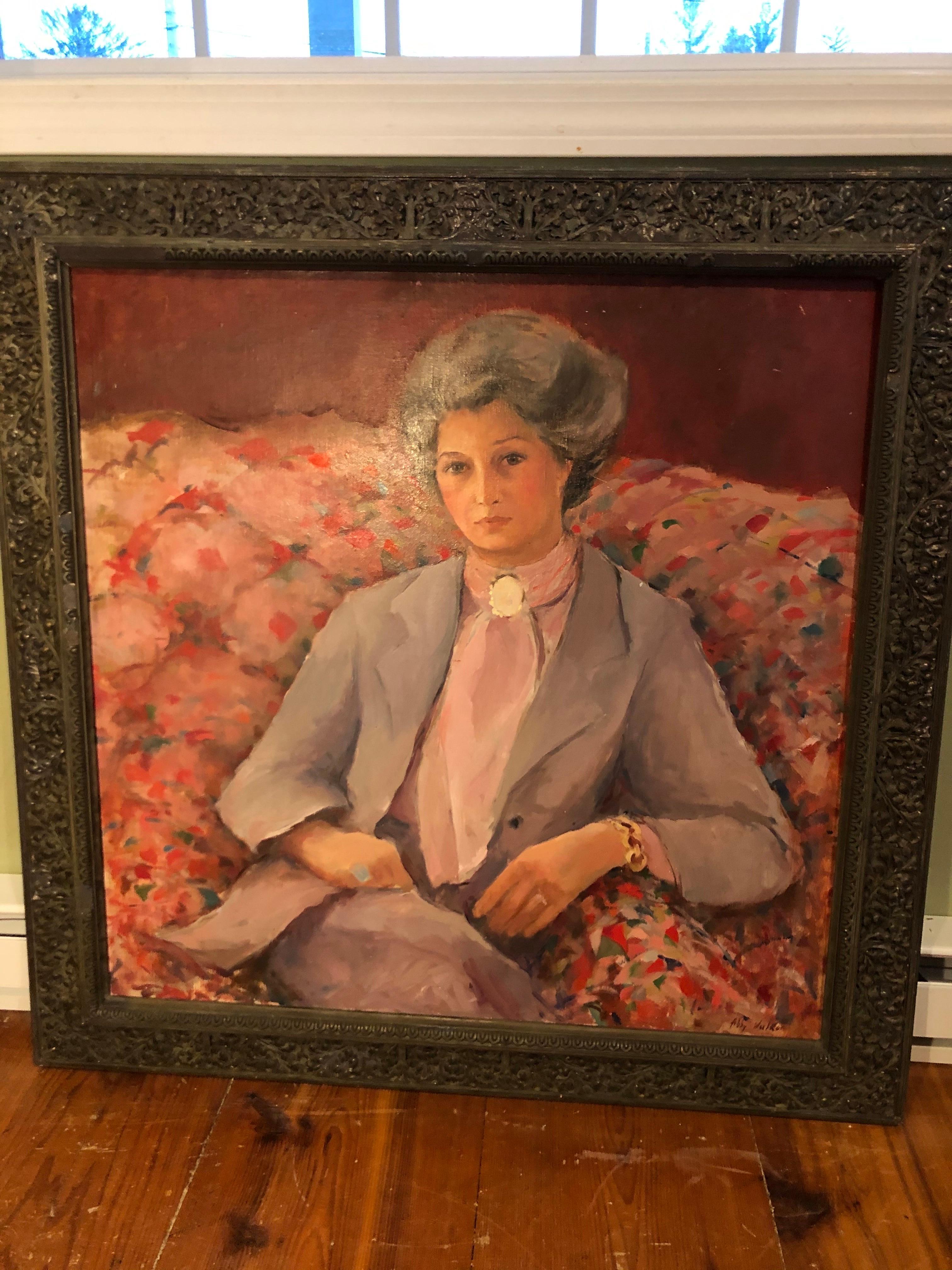 Large Square Impasto Portrait of a Woman by Abby Walker. Amazing compostion of older woman sitting on a patterned sofa. Heavy impasto style with robust color and a very acute attention to detail. 