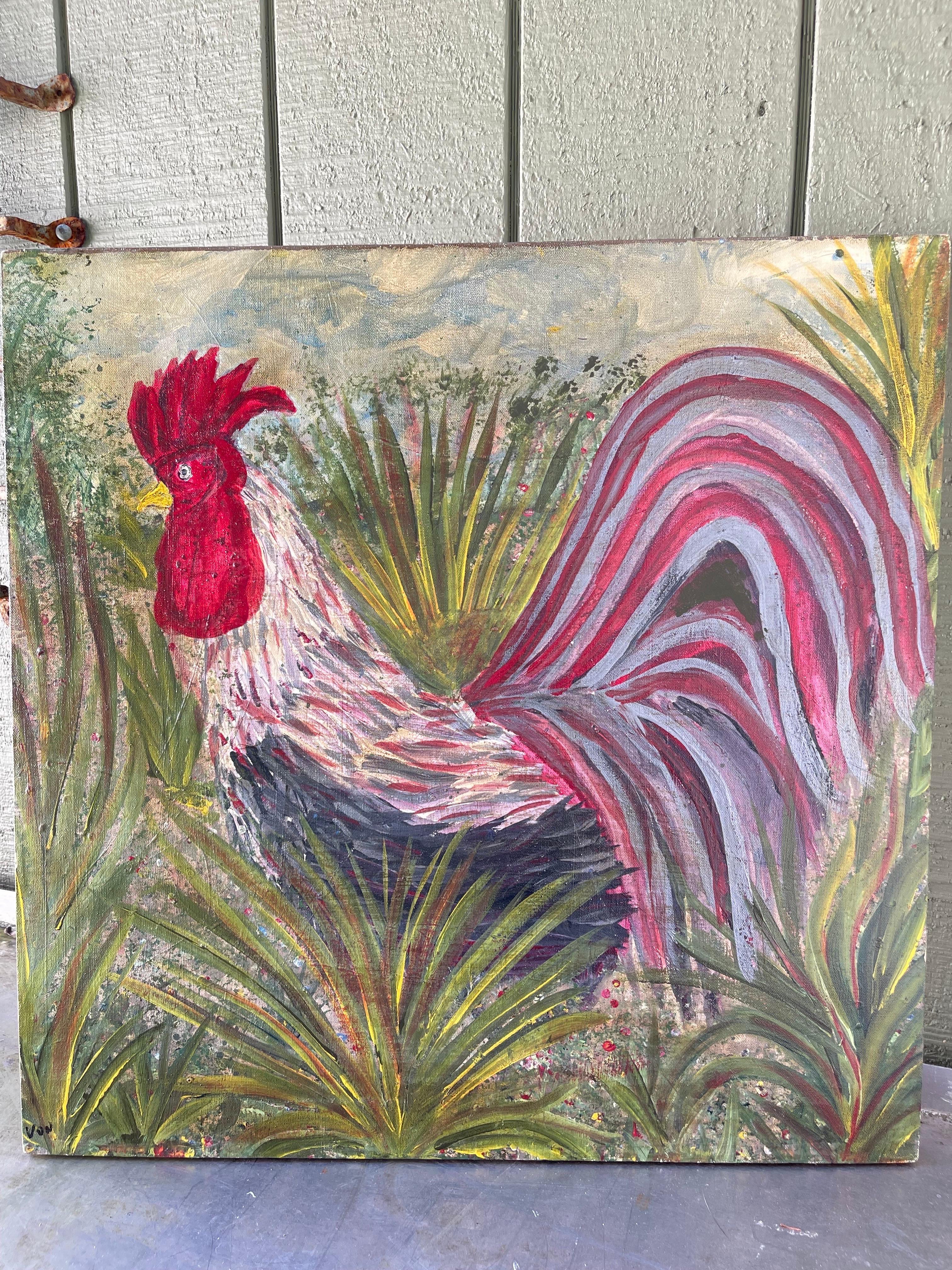 Large Square Impasto Rooster Painting by Von For Sale 4