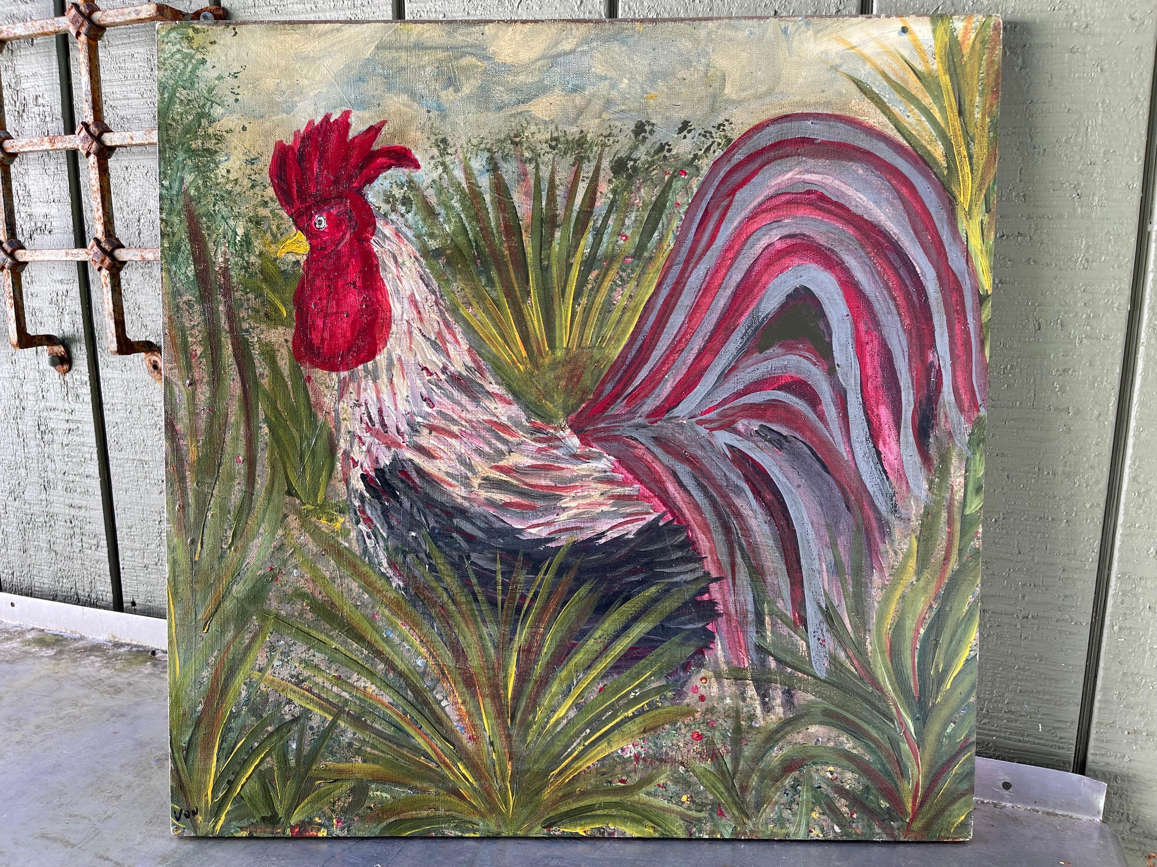Large Square Impasto Rooster Painting by Von. Unframed . Perfect for a kitchen or farmhouse.