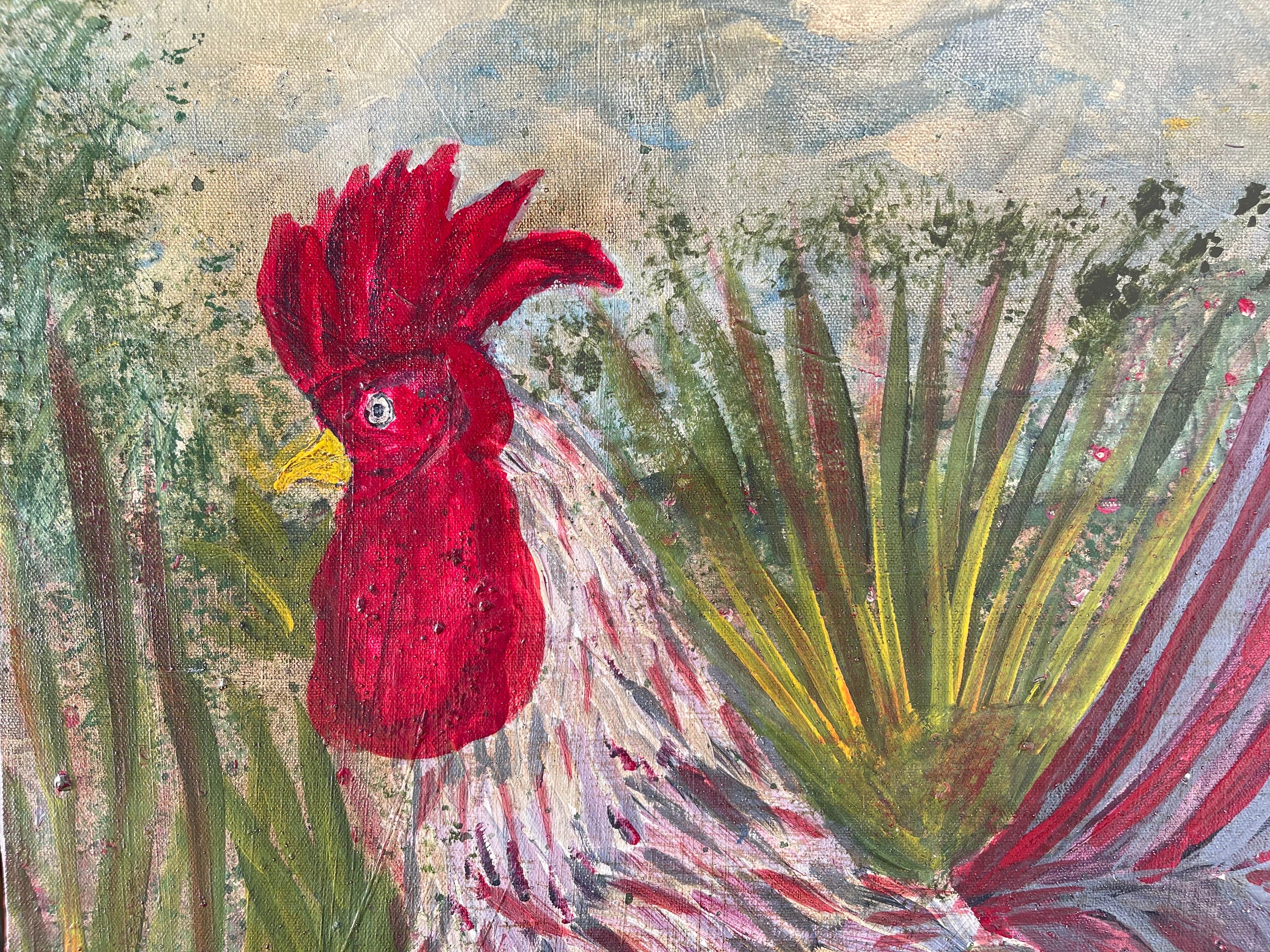 Folk Art Large Square Impasto Rooster Painting by Von For Sale