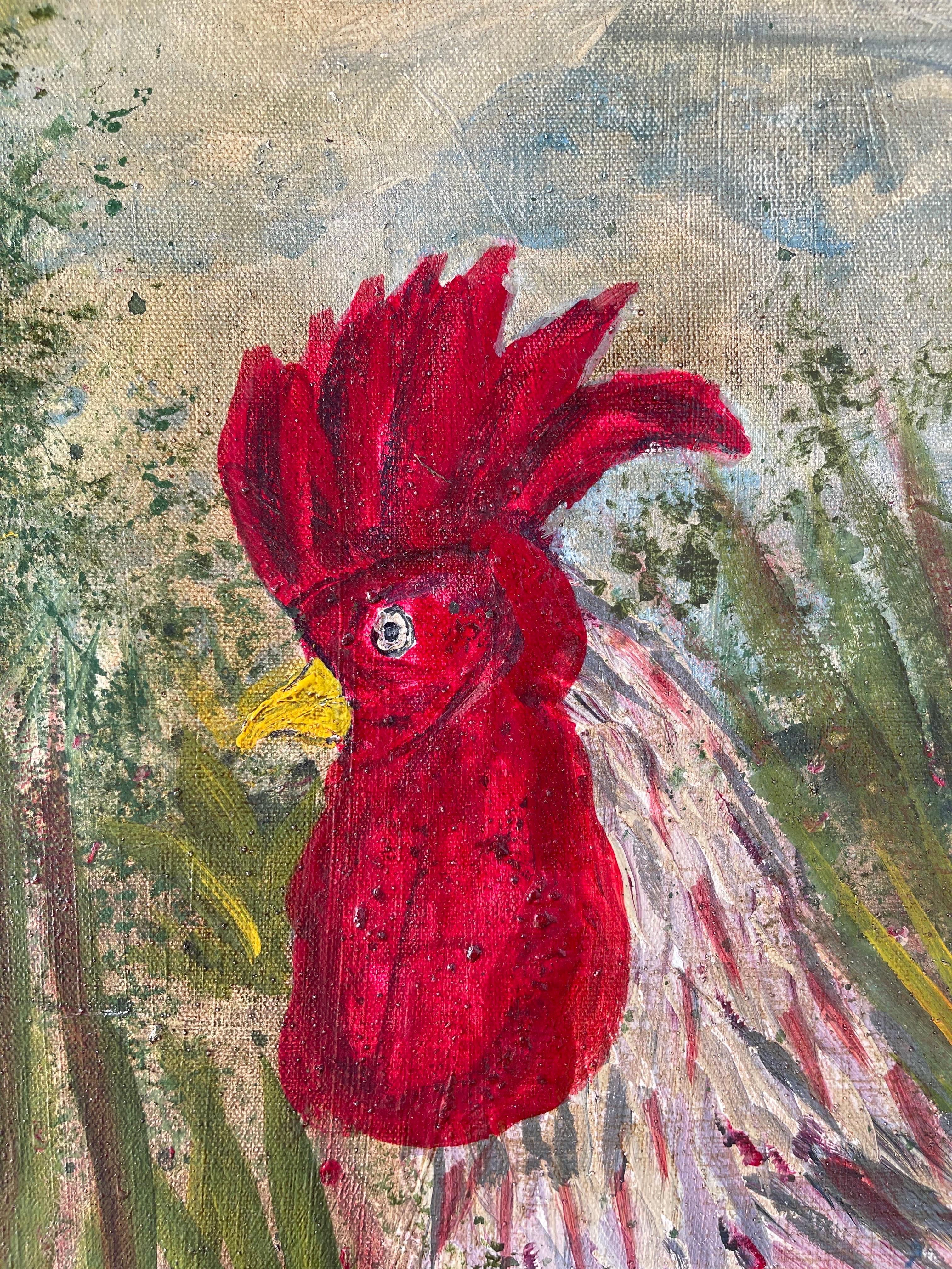 Large Square Impasto Rooster Painting by Von In Good Condition For Sale In Redding, CT