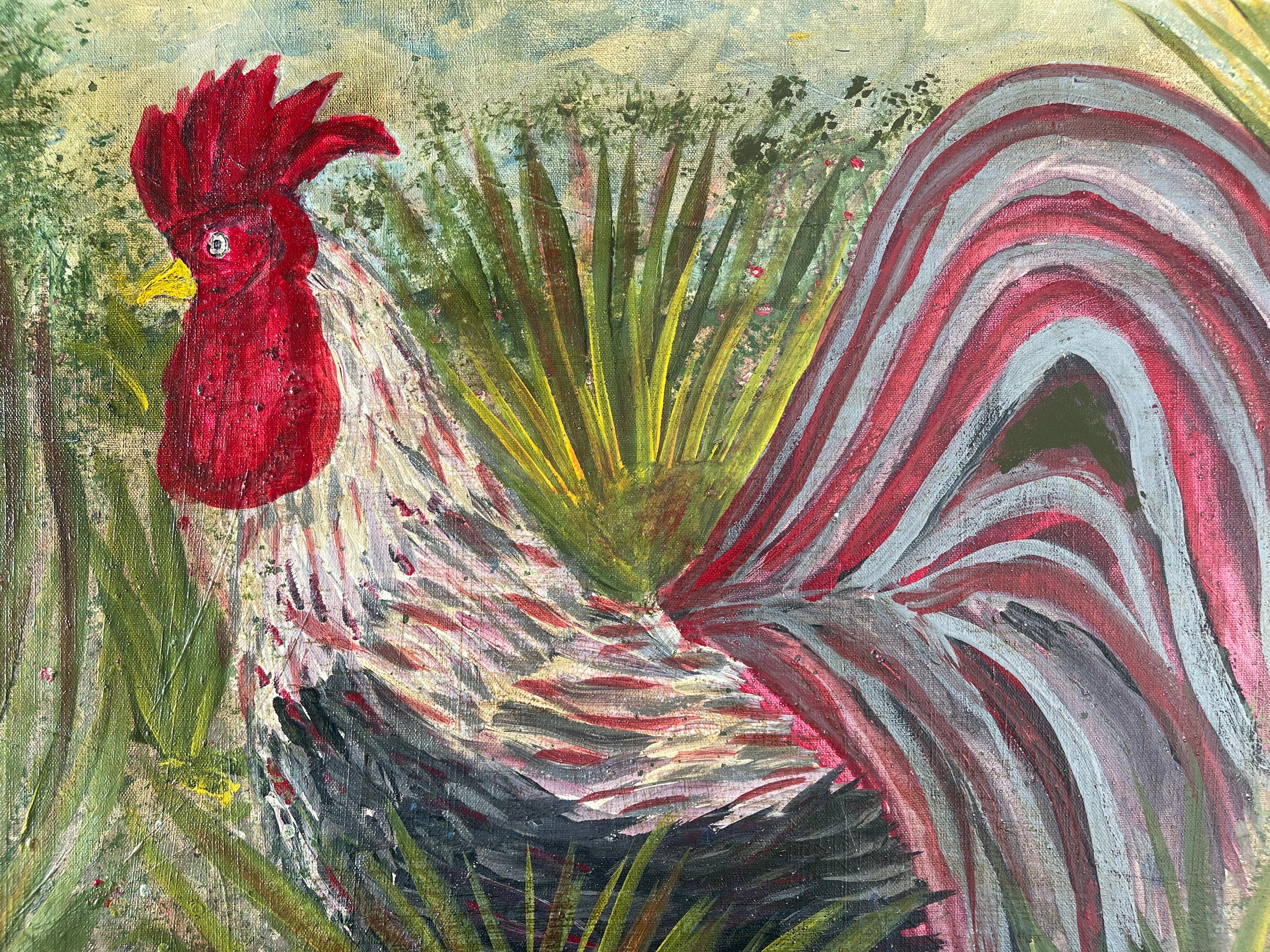 Large Square Impasto Rooster Painting by Von For Sale 1