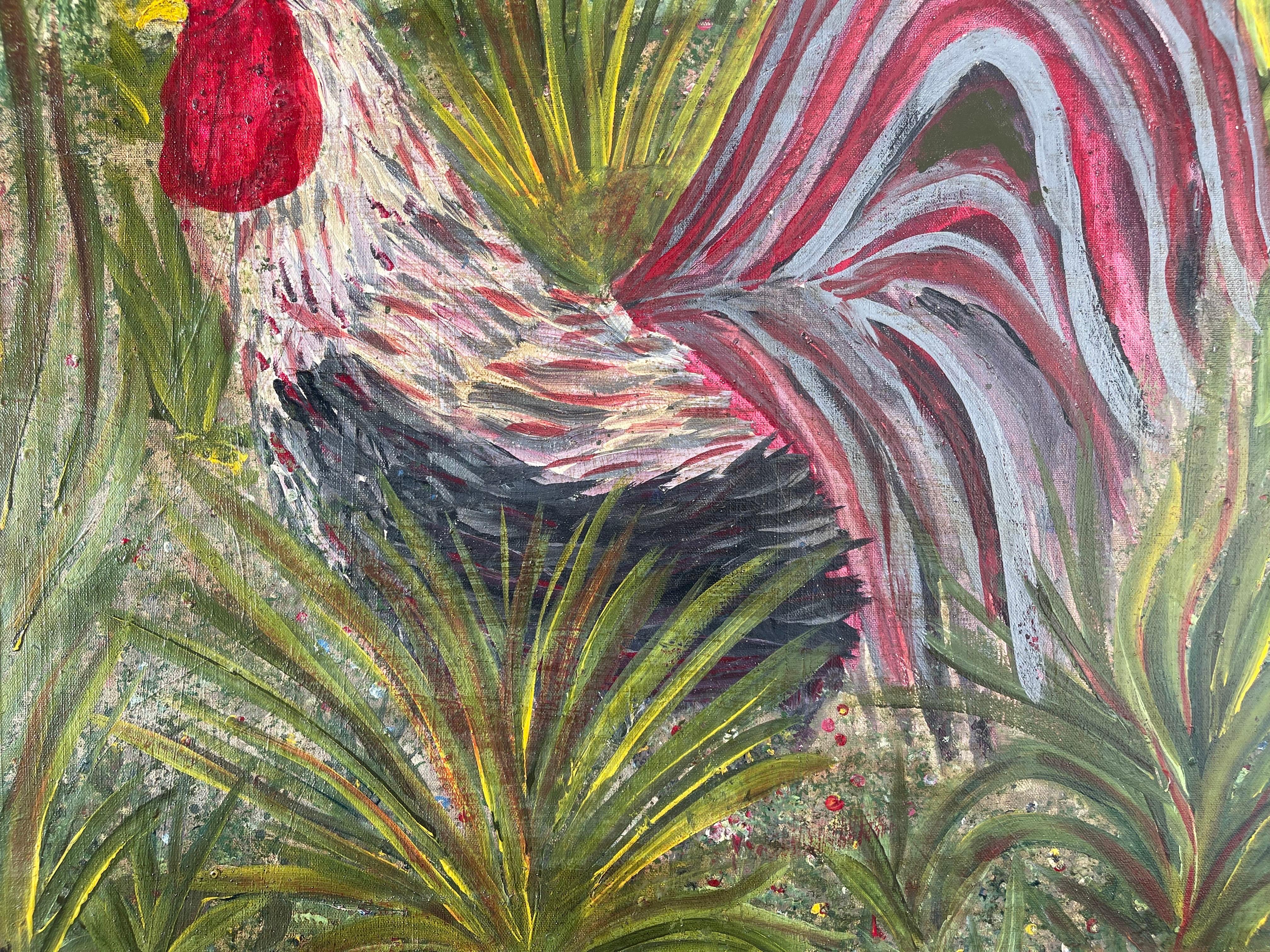 Large Square Impasto Rooster Painting by Von For Sale 2