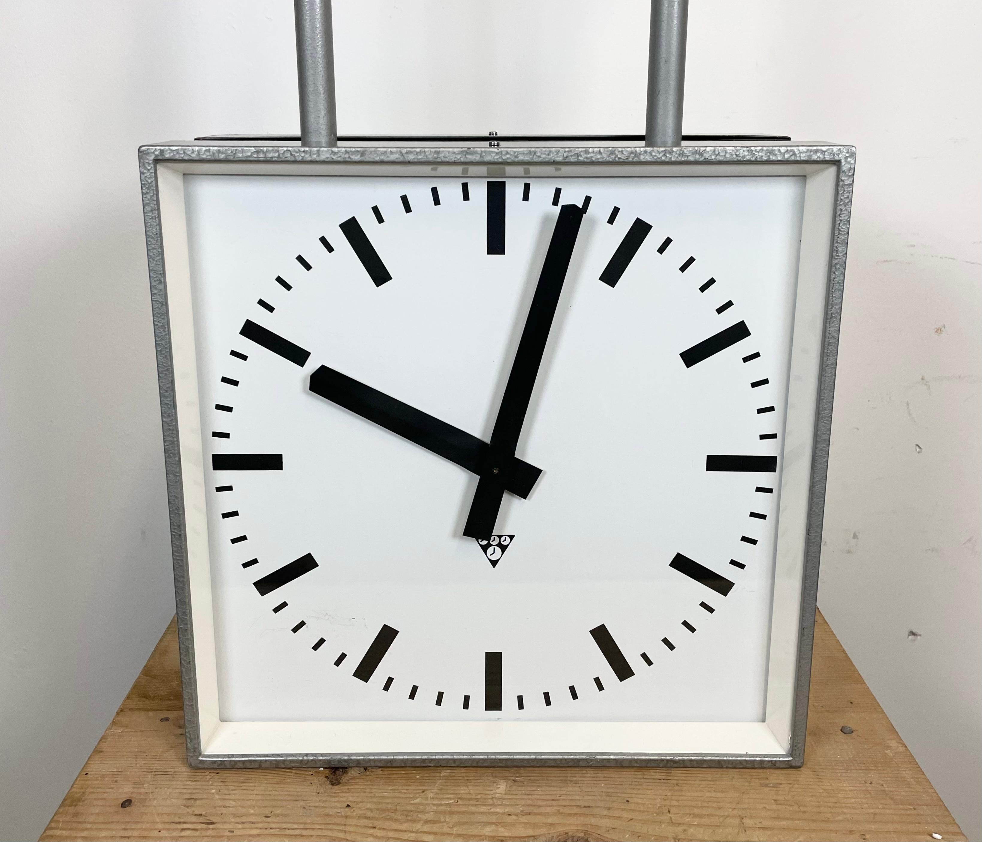 Aluminum Large Square Industrial Double-Sided Factory Clock from Pragotron, 1960s For Sale