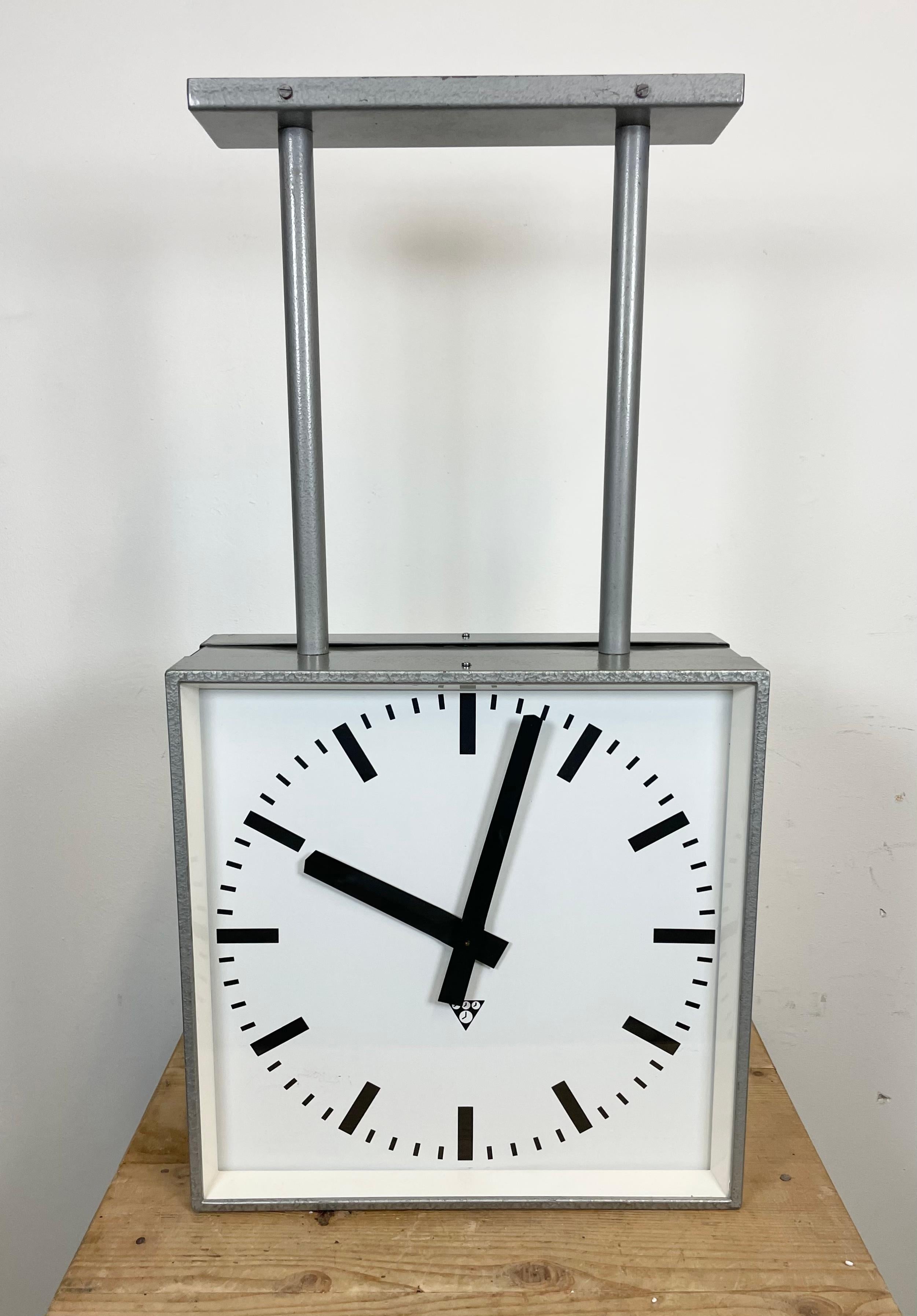 Large Square Industrial Double-Sided Factory Clock from Pragotron, 1960s For Sale 1