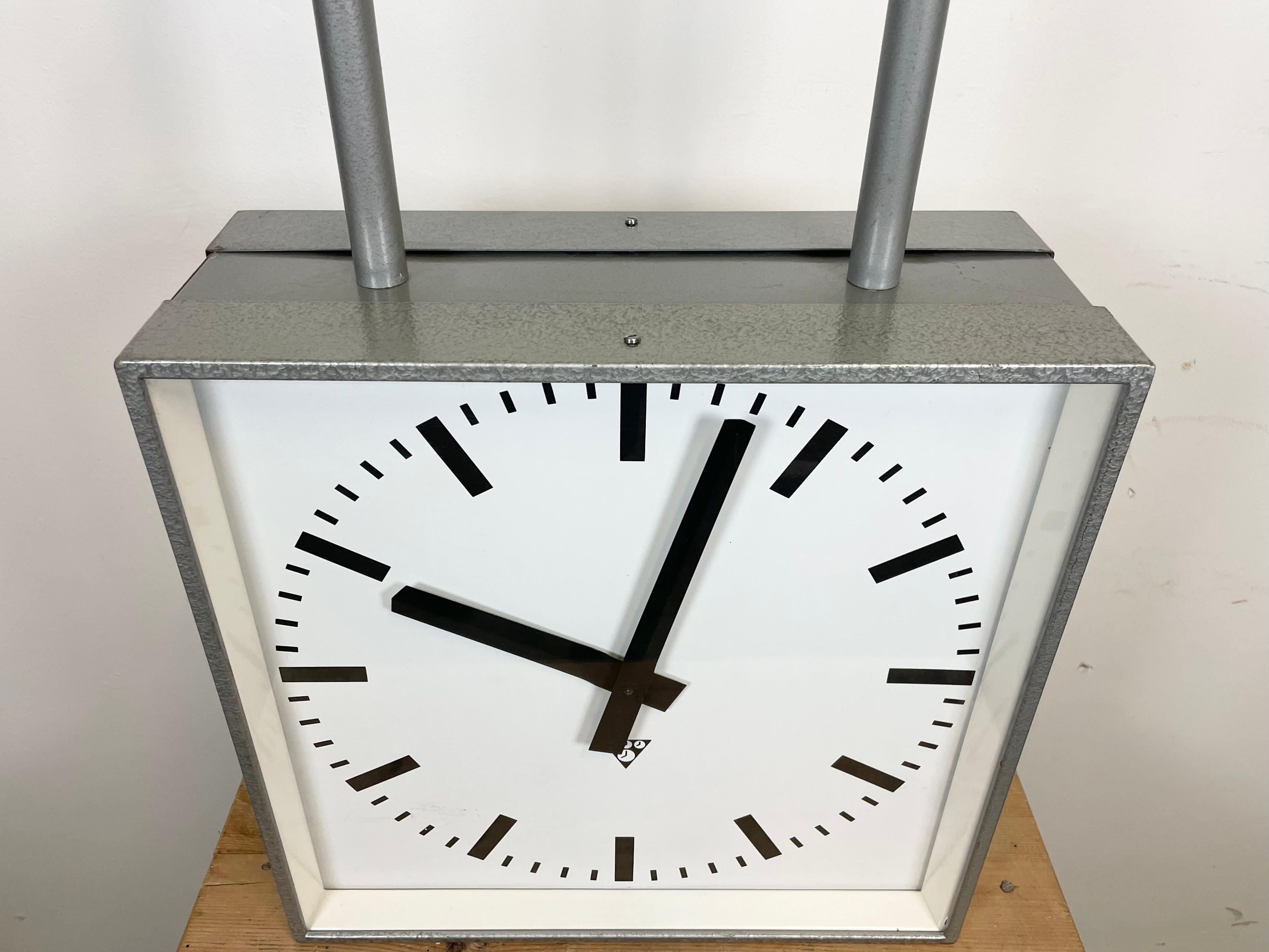 Large Square Industrial Double-Sided Factory Clock from Pragotron, 1960s For Sale 2