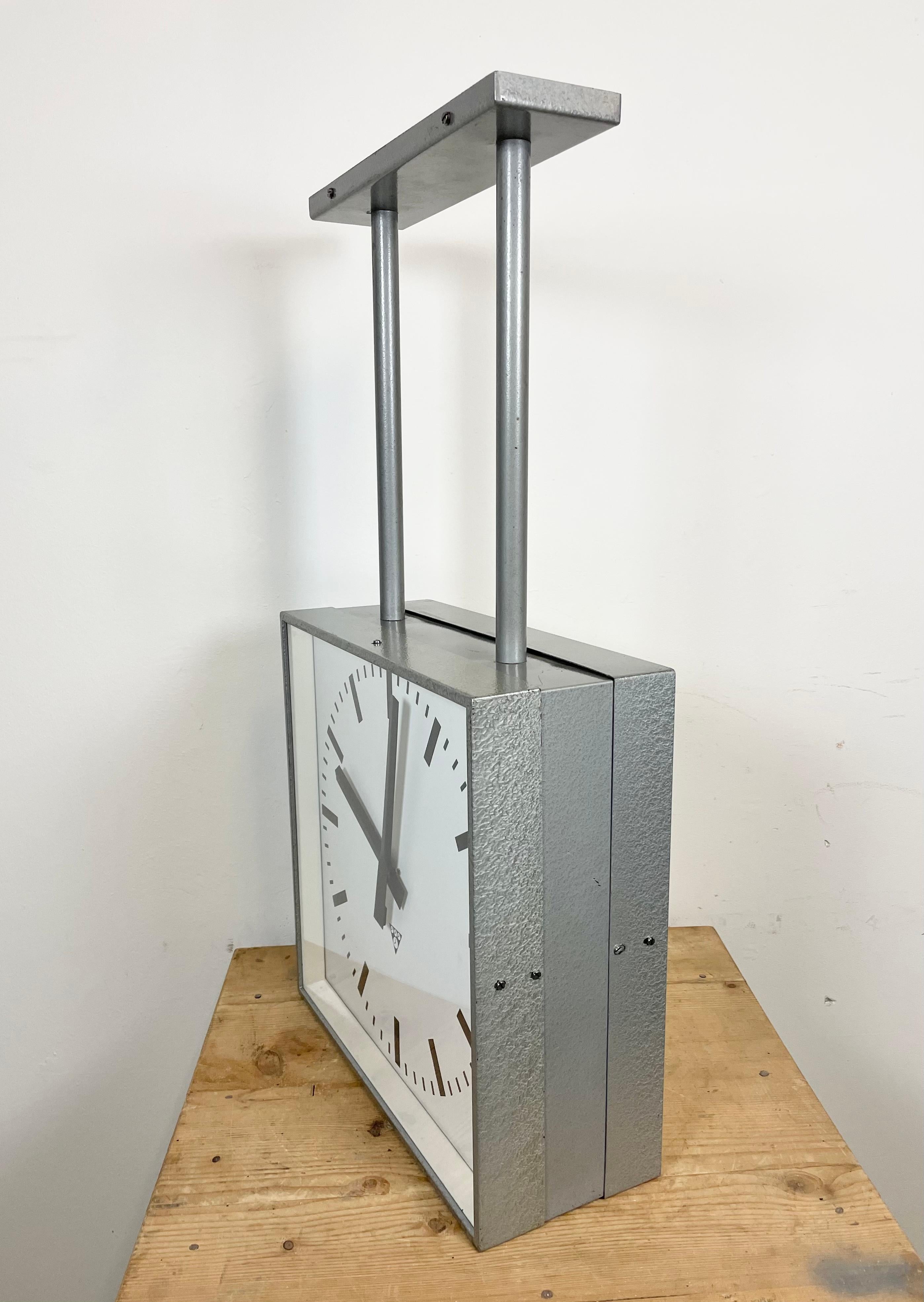Large Square Industrial Double-Sided Factory Clock from Pragotron, 1960s For Sale 4