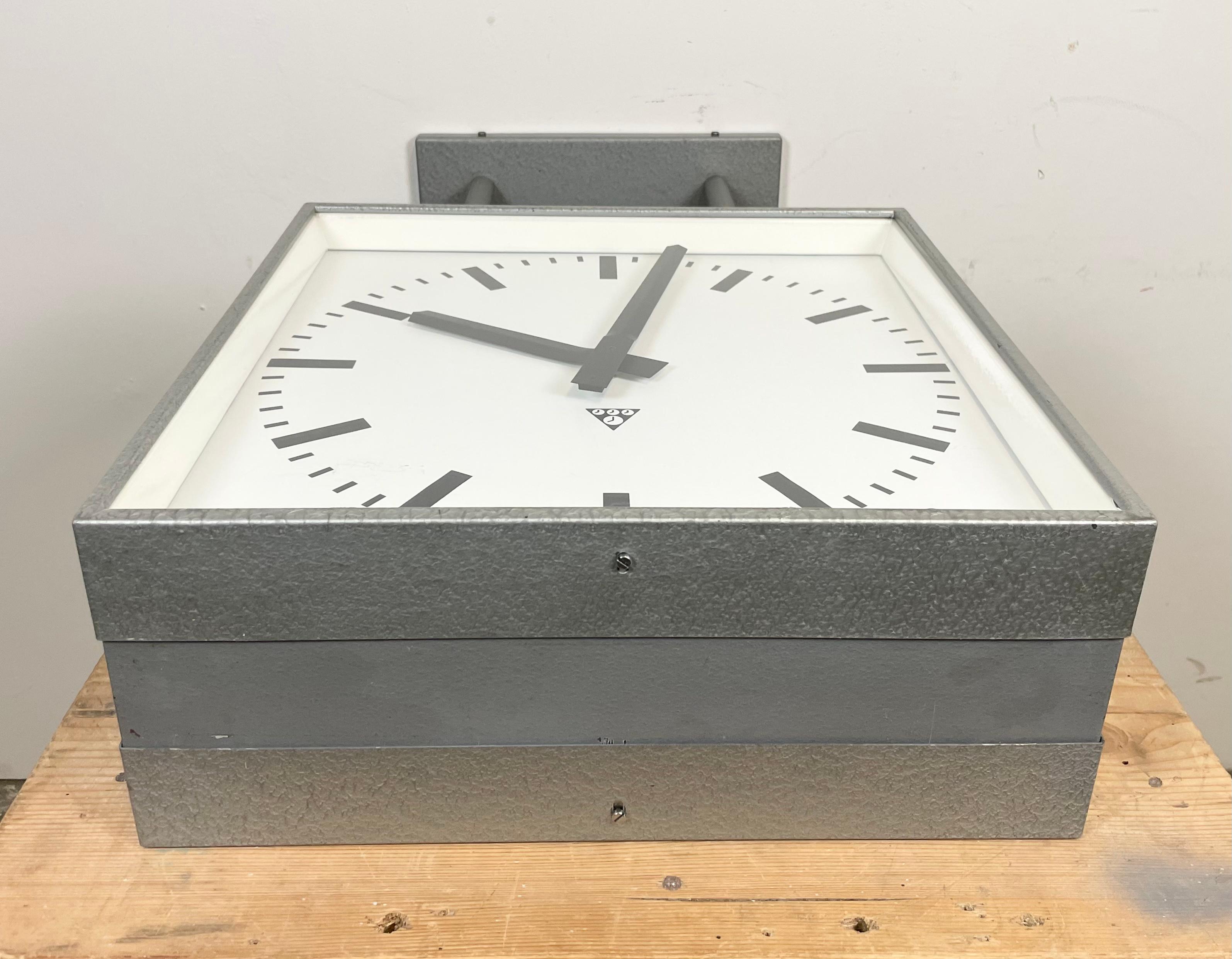 Large Square Industrial Double-Sided Factory Clock from Pragotron, 1960s For Sale 5