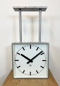 Large Square Industrial Double-Sided Factory Clock from Pragotron, 1960s