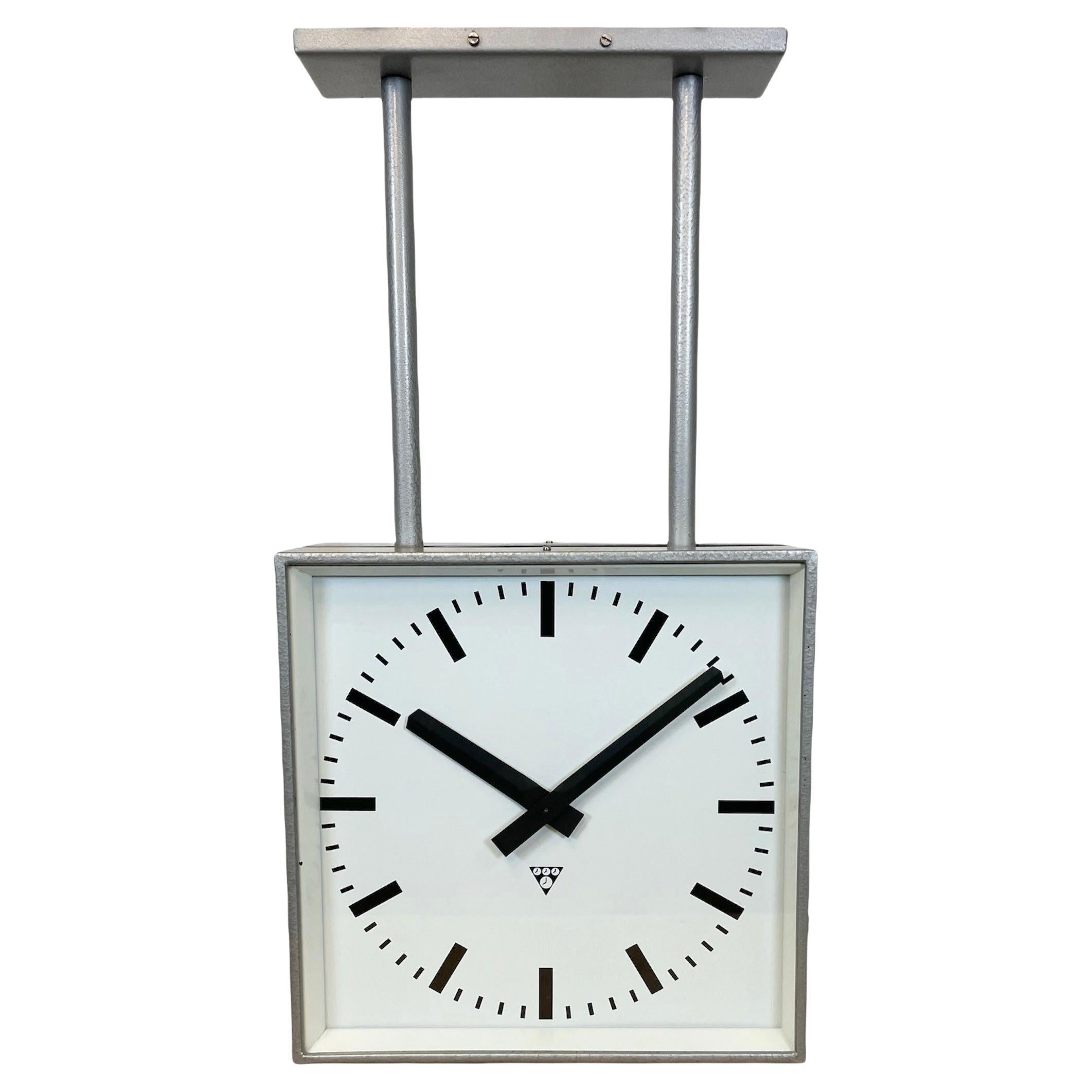 Large Square Industrial Double-Sided Factory Clock from Pragotron, 1960s