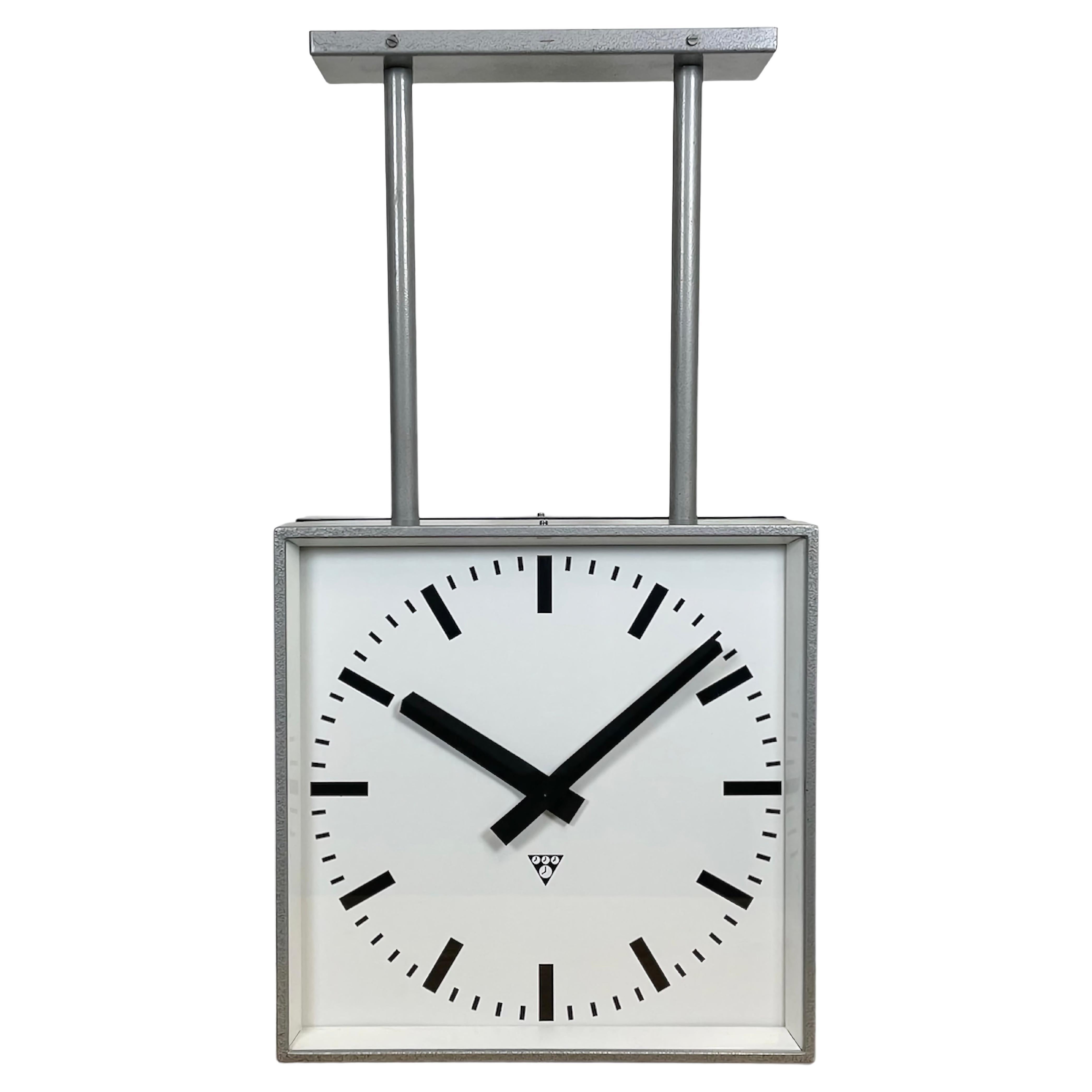 Large Square Industrial Double-Sided Factory Clock from Pragotron, 1960s For Sale