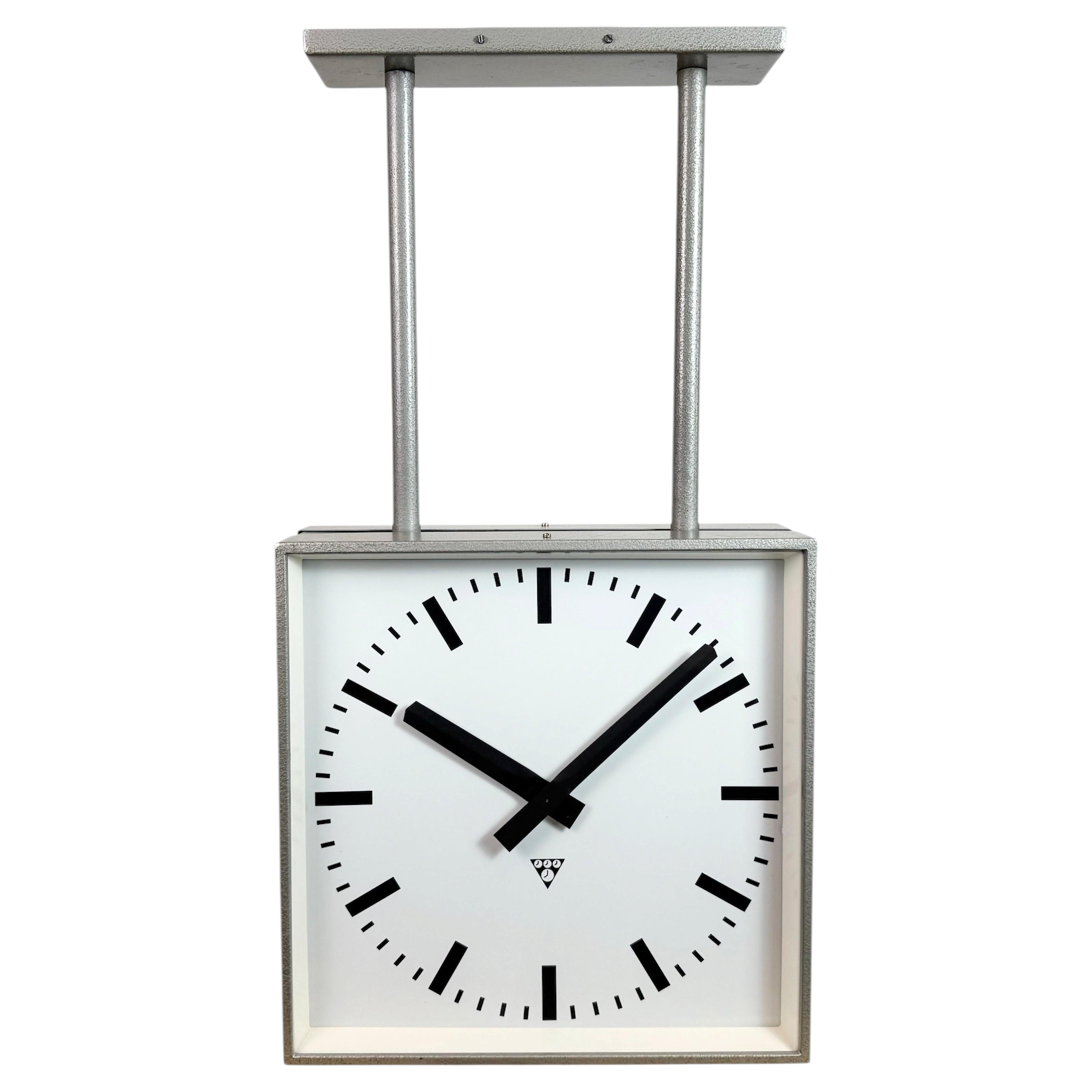 Large Square Industrial Double-Sided Factory Clock from Pragotron, 1960s