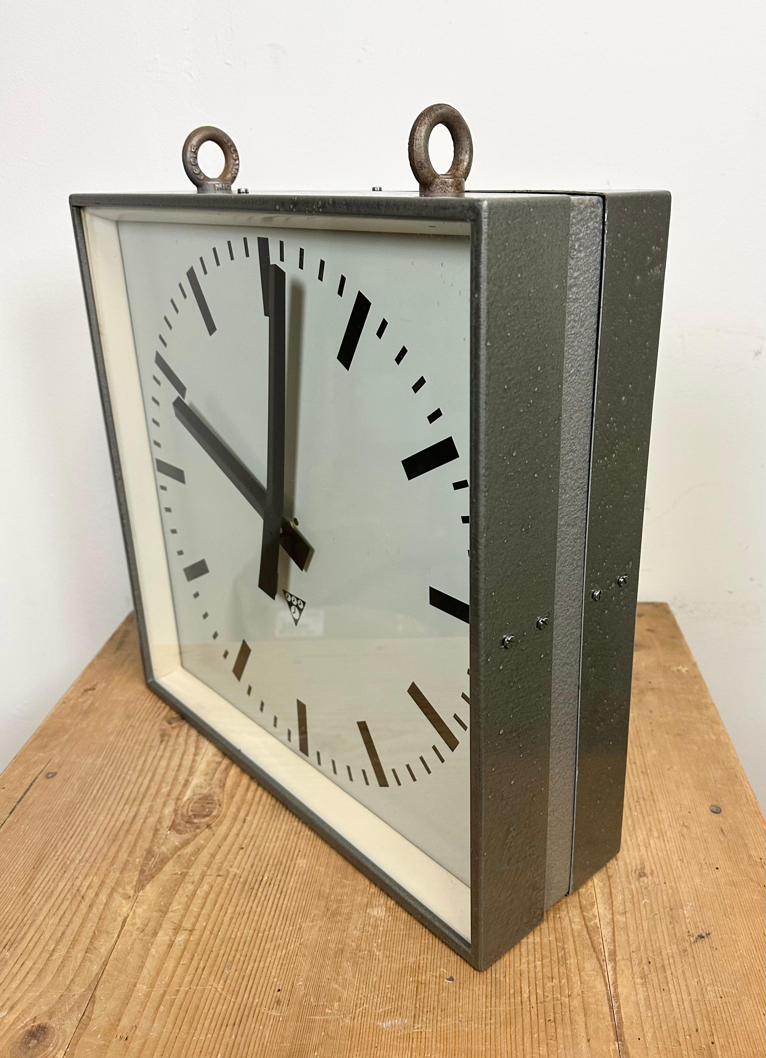 Large Square Industrial Double-Sided Factory Hanging Clock from Pragotron, 1970s For Sale 1