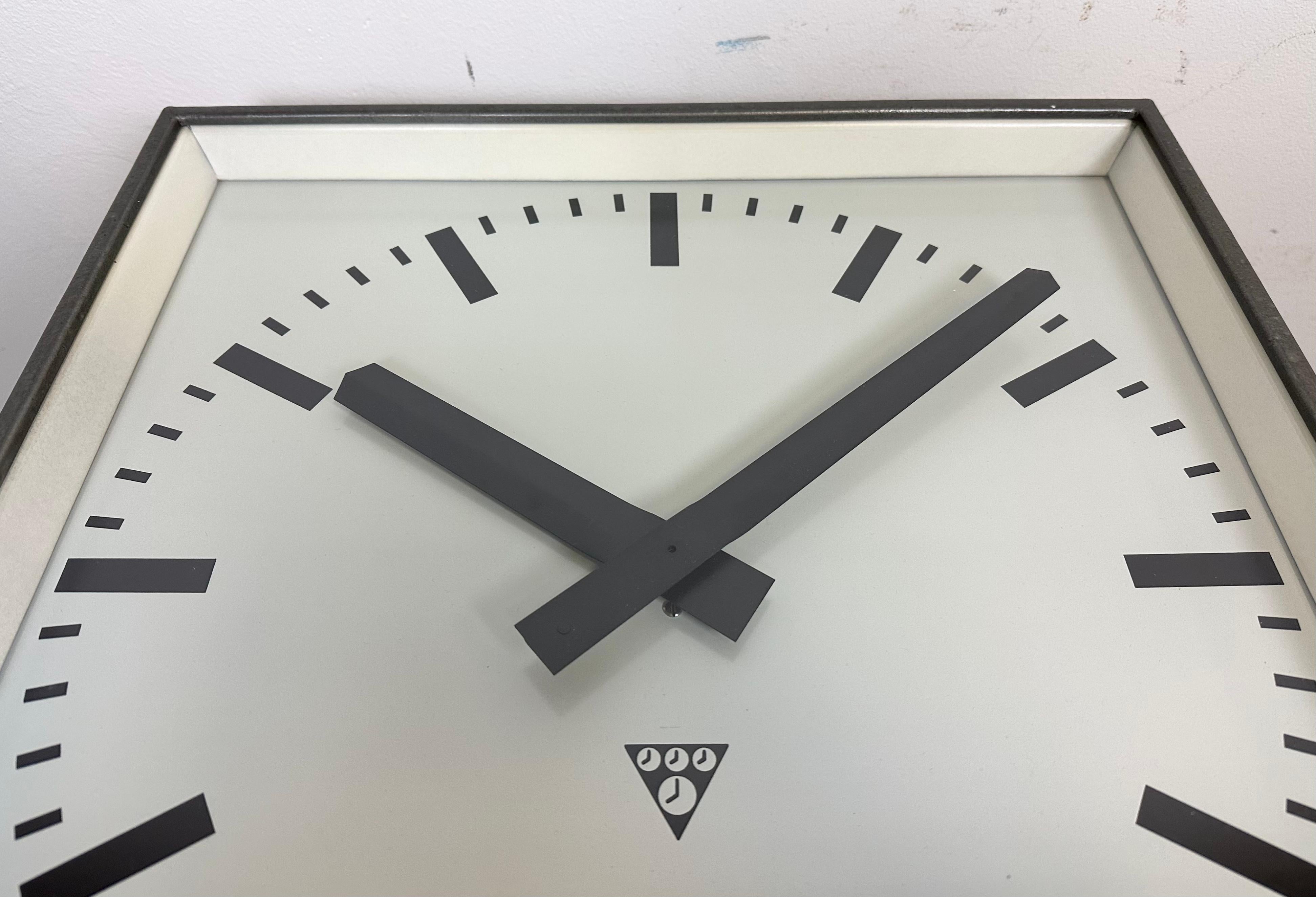 Large Square Industrial Double-Sided Factory Hanging Clock from Pragotron, 1970s For Sale 3