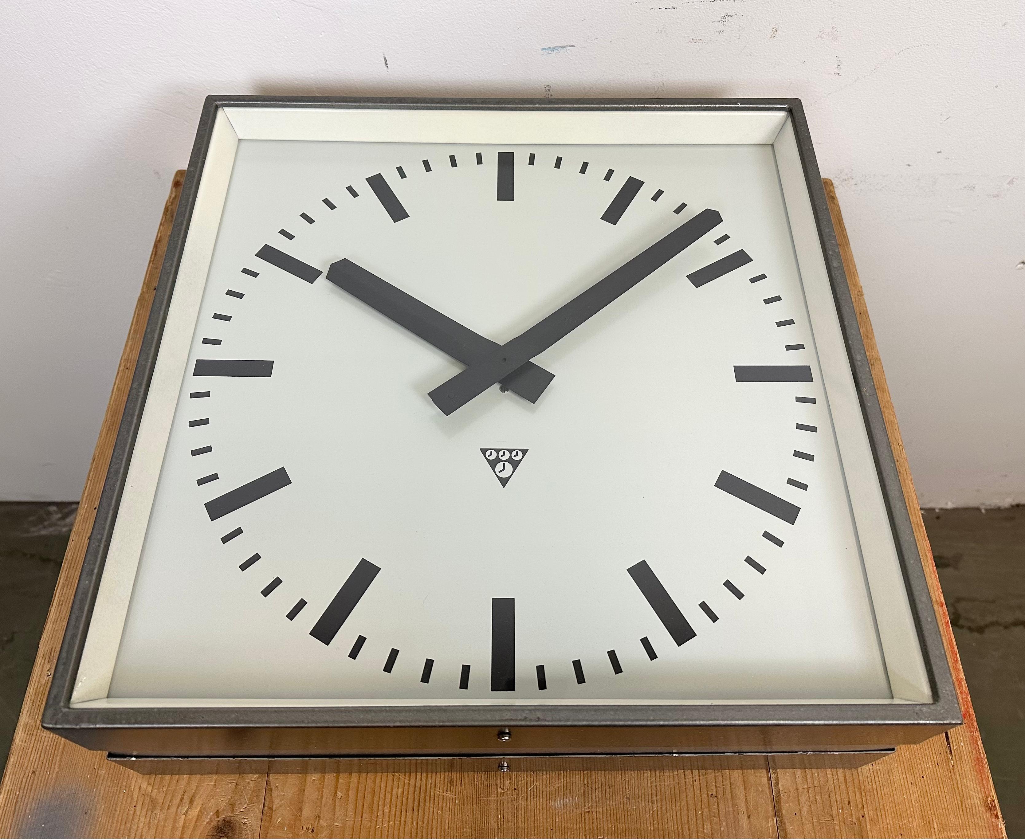 Large Square Industrial Double-Sided Factory Hanging Clock from Pragotron, 1970s For Sale 4