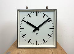 Large Square Industrial Double-Sided Factory Hanging Clock from Pragotron, 1970s