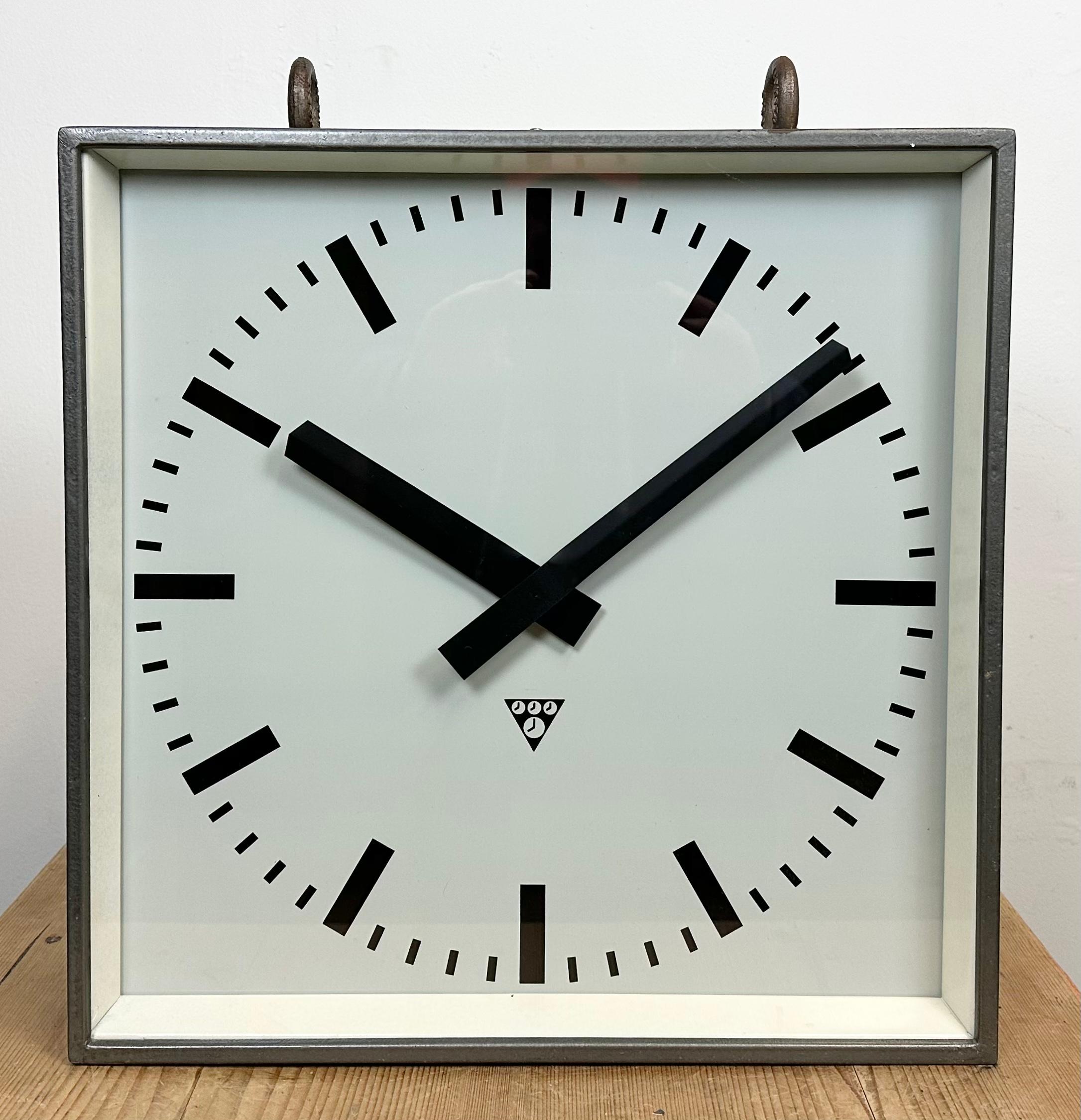 Czech Large Square Industrial Double-Sided Factory Hanging Clock from Pragotron, 1970s For Sale