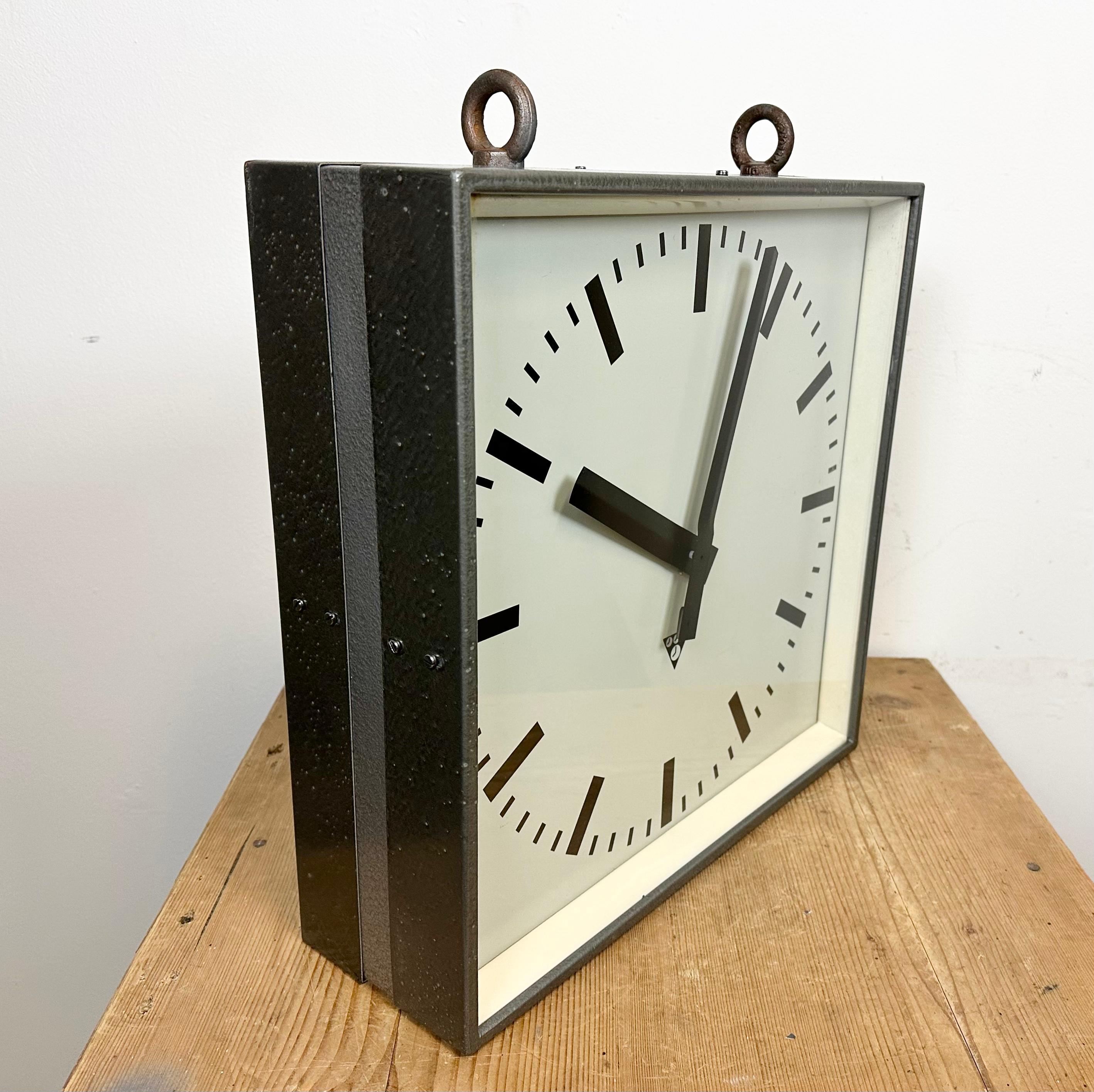 Late 20th Century Large Square Industrial Double-Sided Factory Hanging Clock from Pragotron, 1970s For Sale