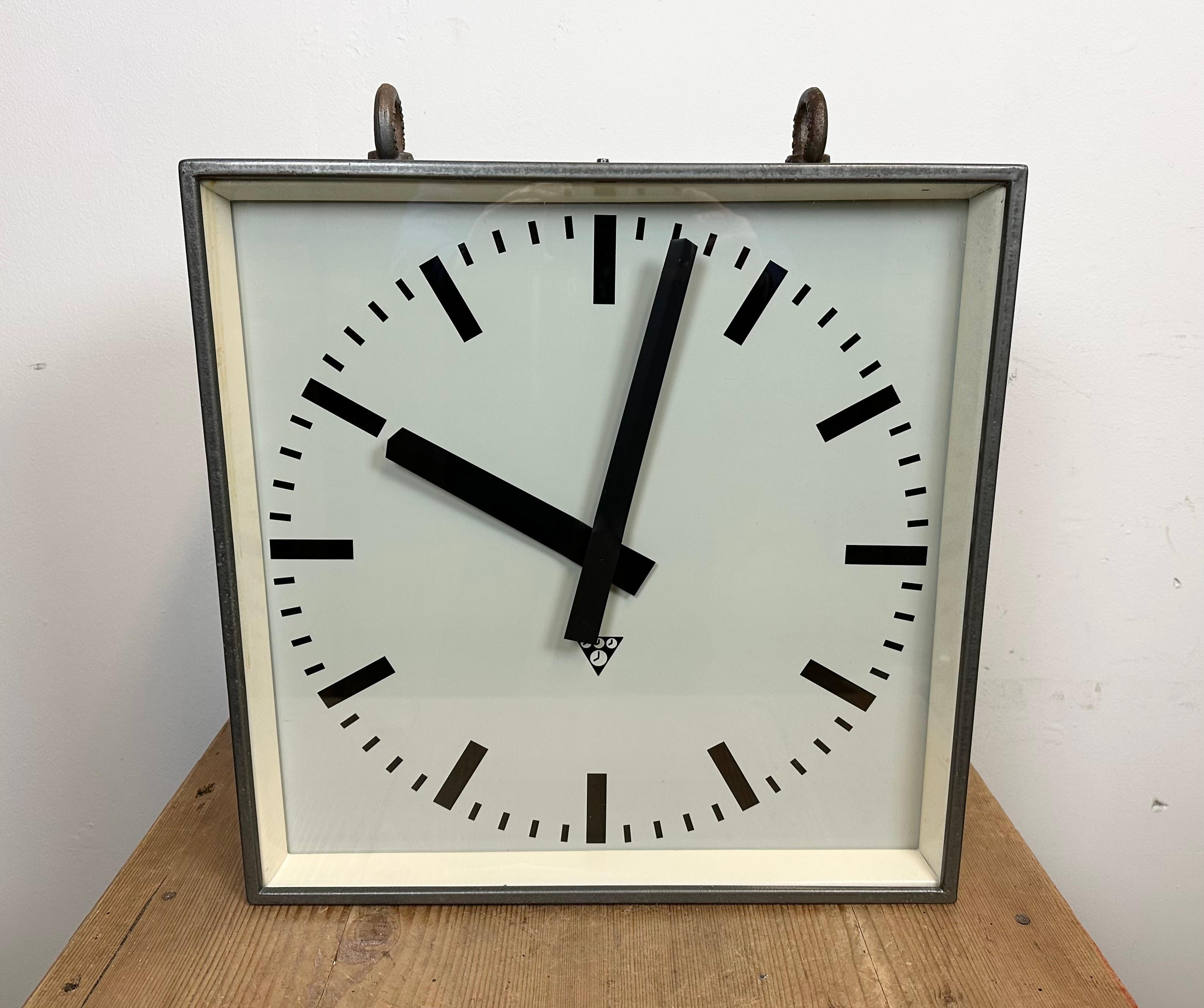 Glass Large Square Industrial Double-Sided Factory Hanging Clock from Pragotron, 1970s For Sale