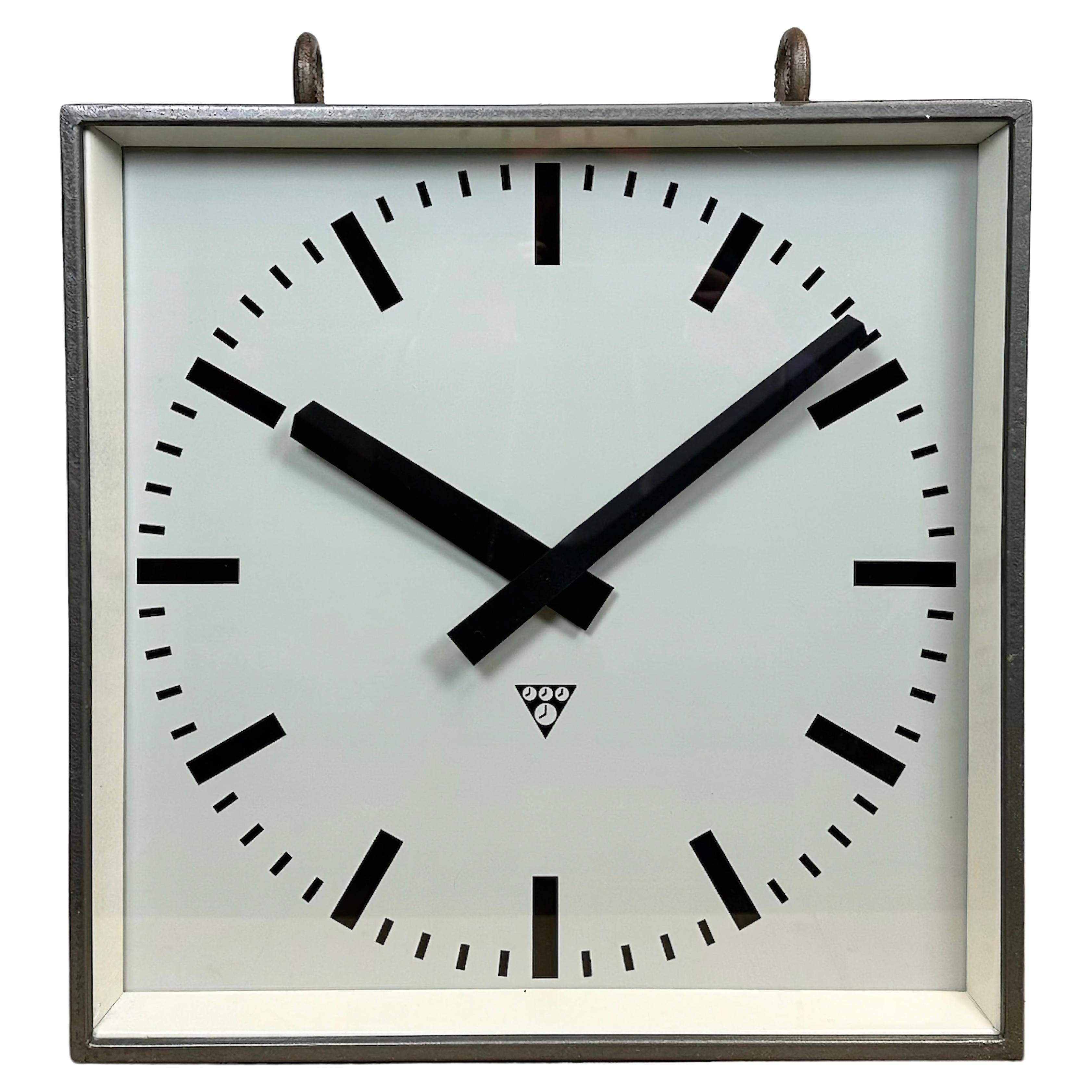 Large Square Industrial Double-Sided Factory Hanging Clock from Pragotron, 1970s For Sale