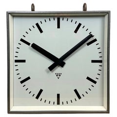 Large Square Industrial Double-Sided Factory Hanging Clock from Pragotron, 1970s