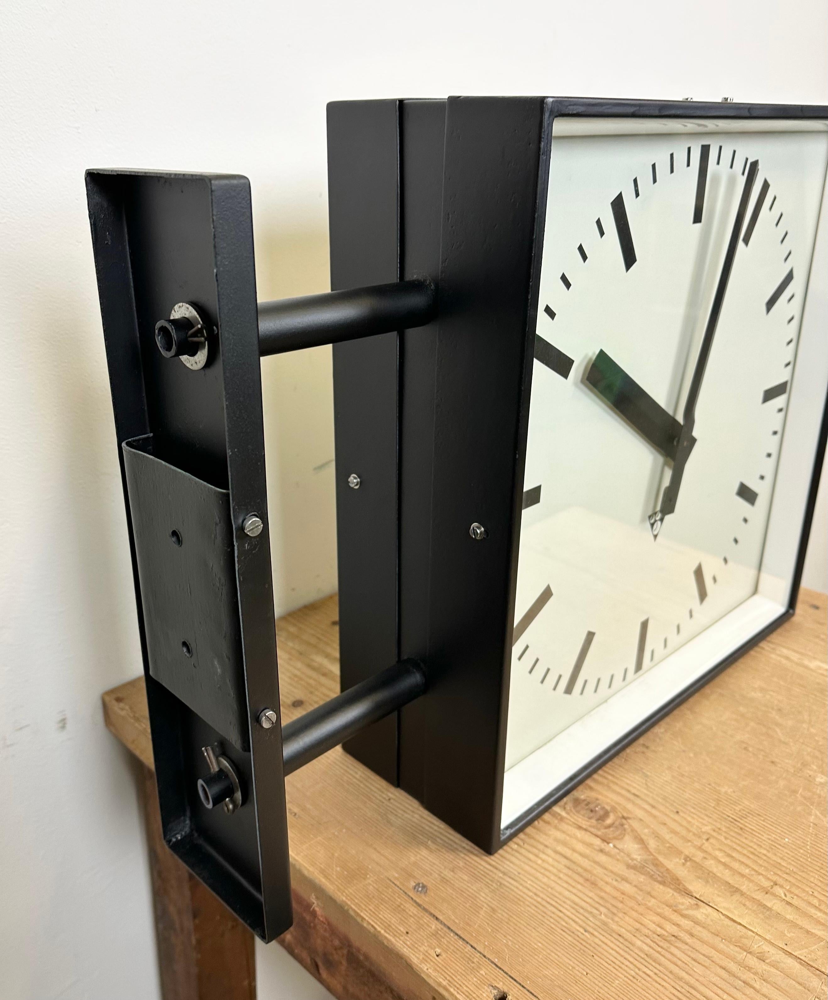 Large Square Industrial Double-Sided Factory Wall Clock from Pragotron, 1970s 3