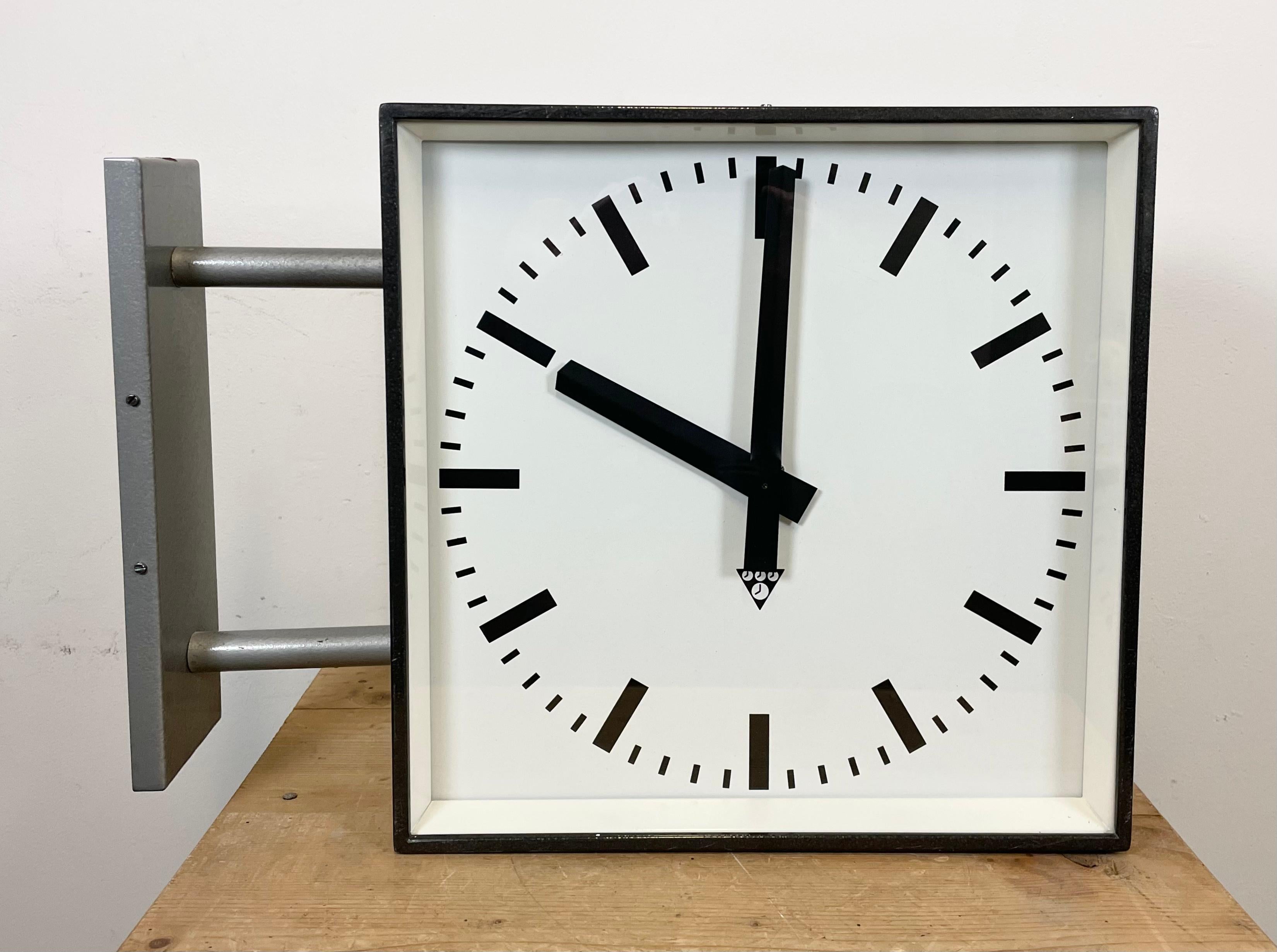 Large Square Industrial Double-Sided Factory Wall Clock from Pragotron, 1970s 4