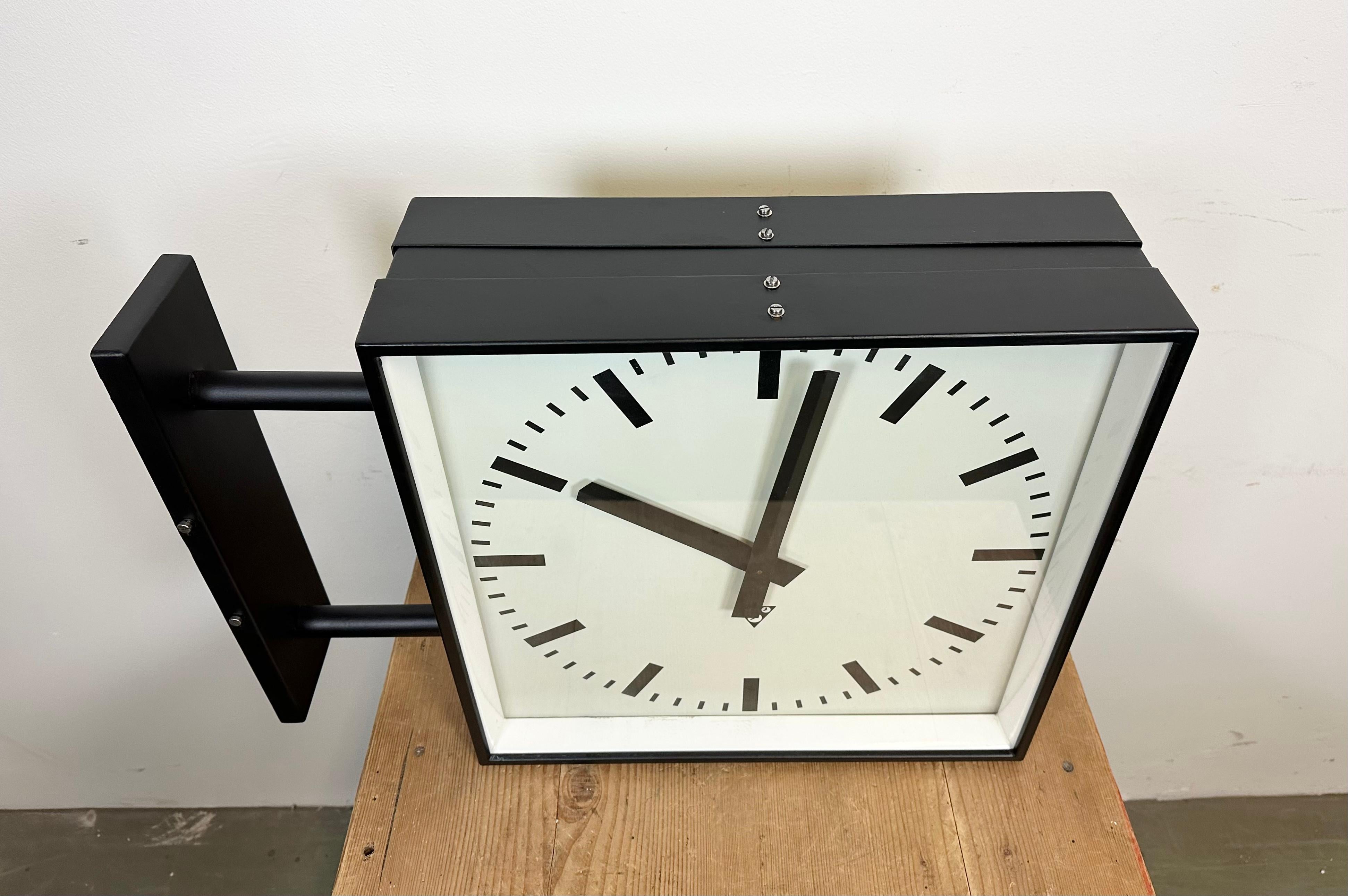 Large Square Industrial Double-Sided Factory Wall Clock from Pragotron, 1970s 4