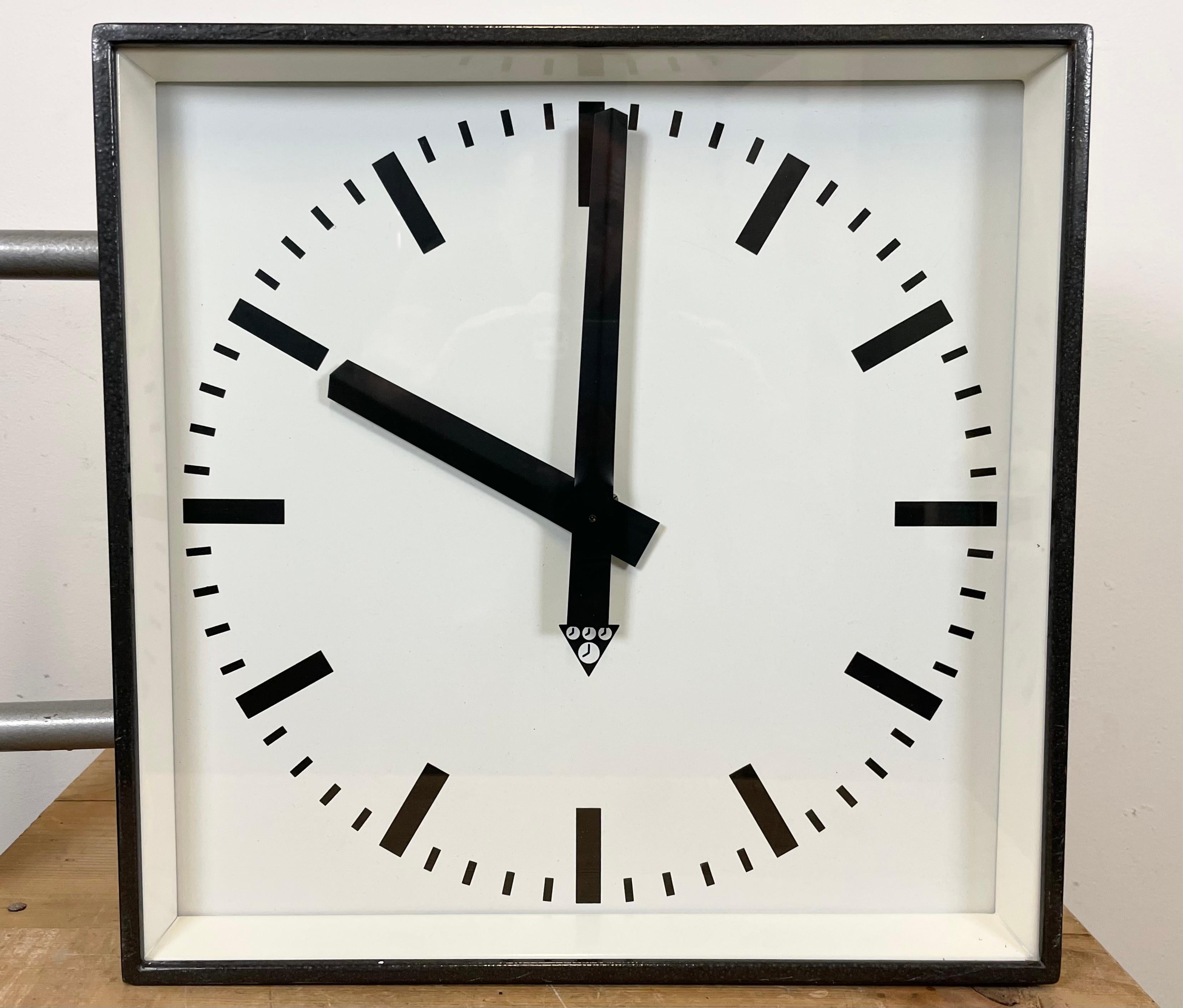 Large Square Industrial Double-Sided Factory Wall Clock from Pragotron, 1970s 5