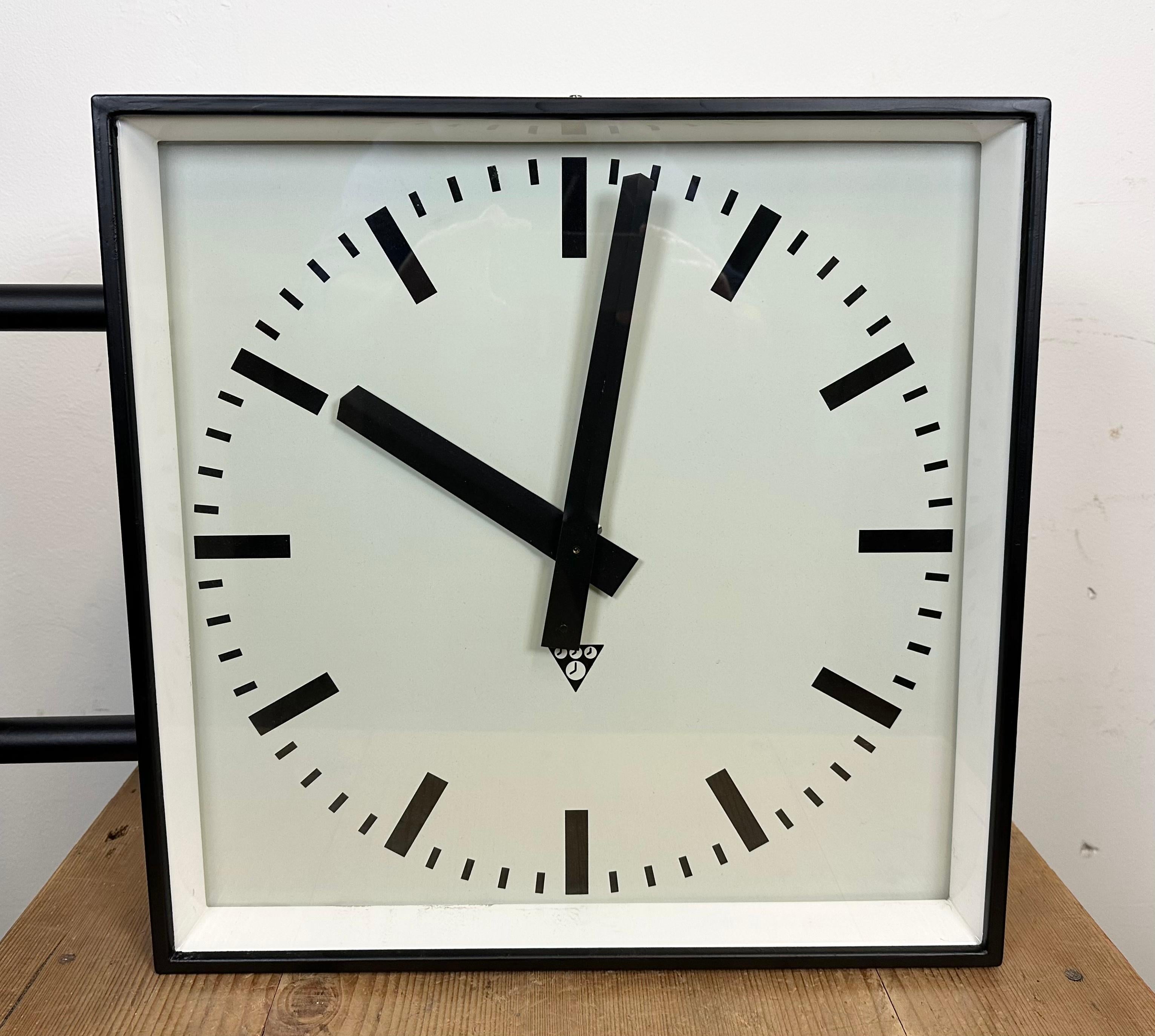 Large Square Industrial Double-Sided Factory Wall Clock from Pragotron, 1970s 5