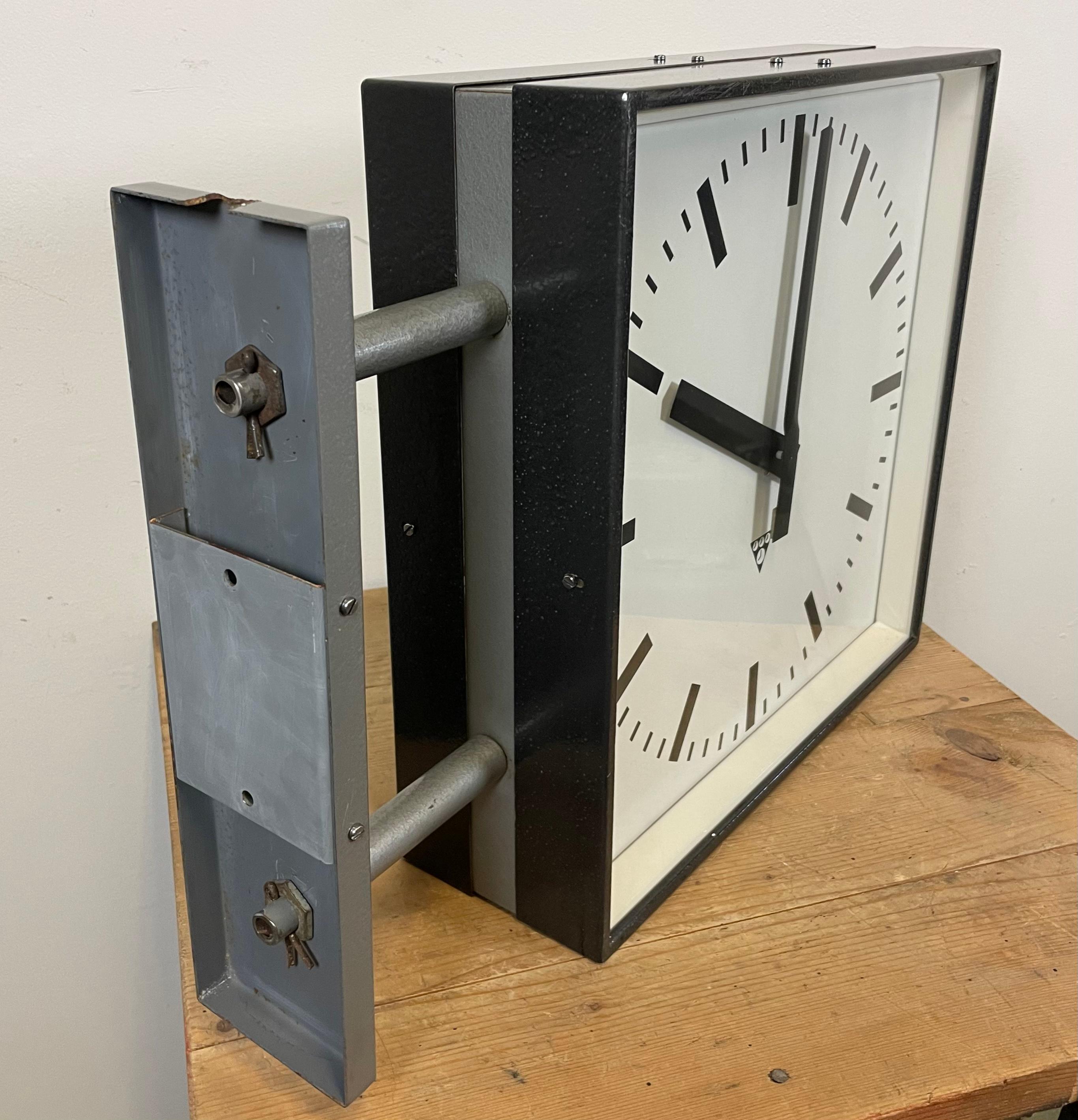 Large Square Industrial Double-Sided Factory Wall Clock from Pragotron, 1970s 6