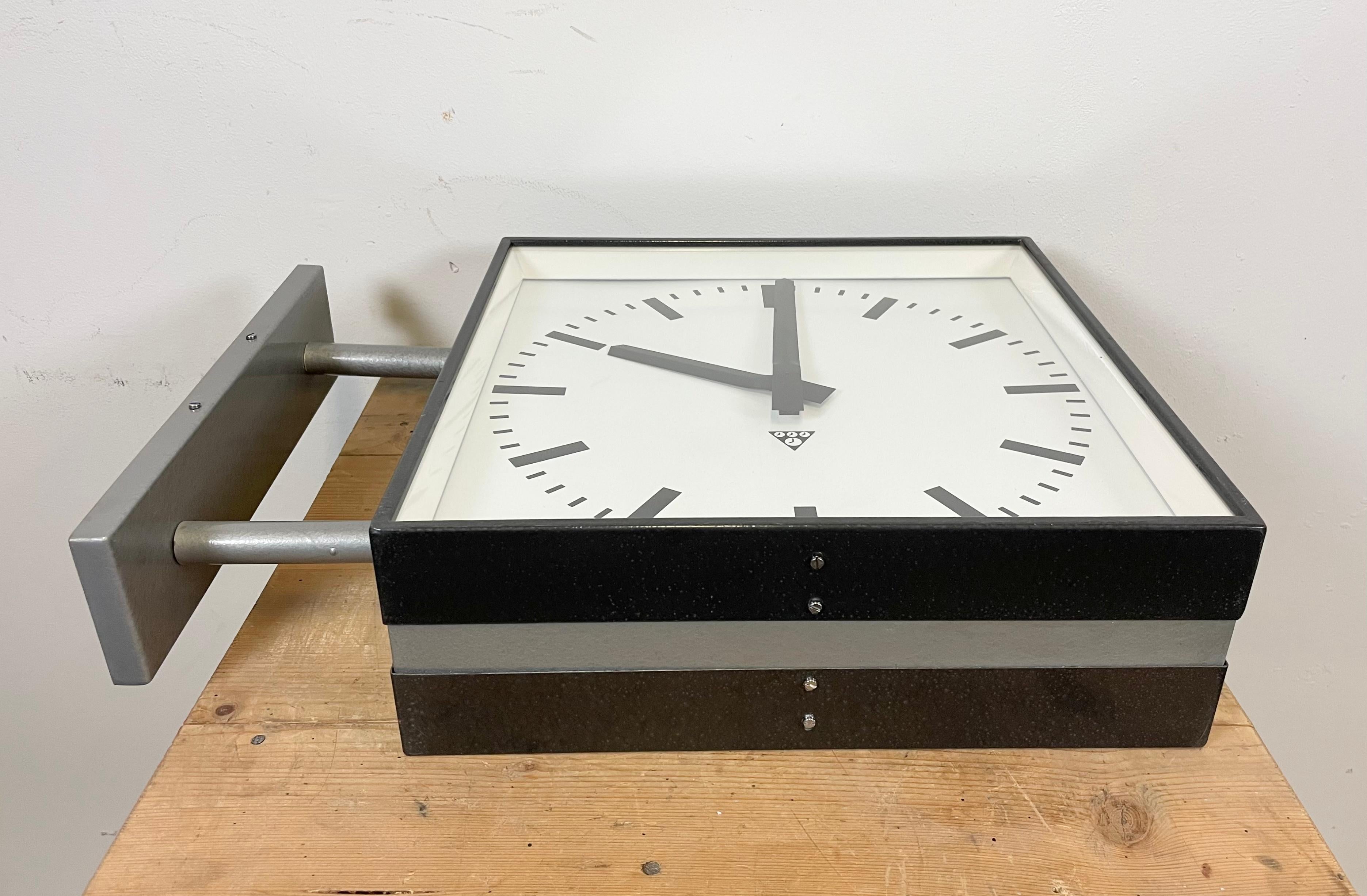 Large Square Industrial Double-Sided Factory Wall Clock from Pragotron, 1970s 7